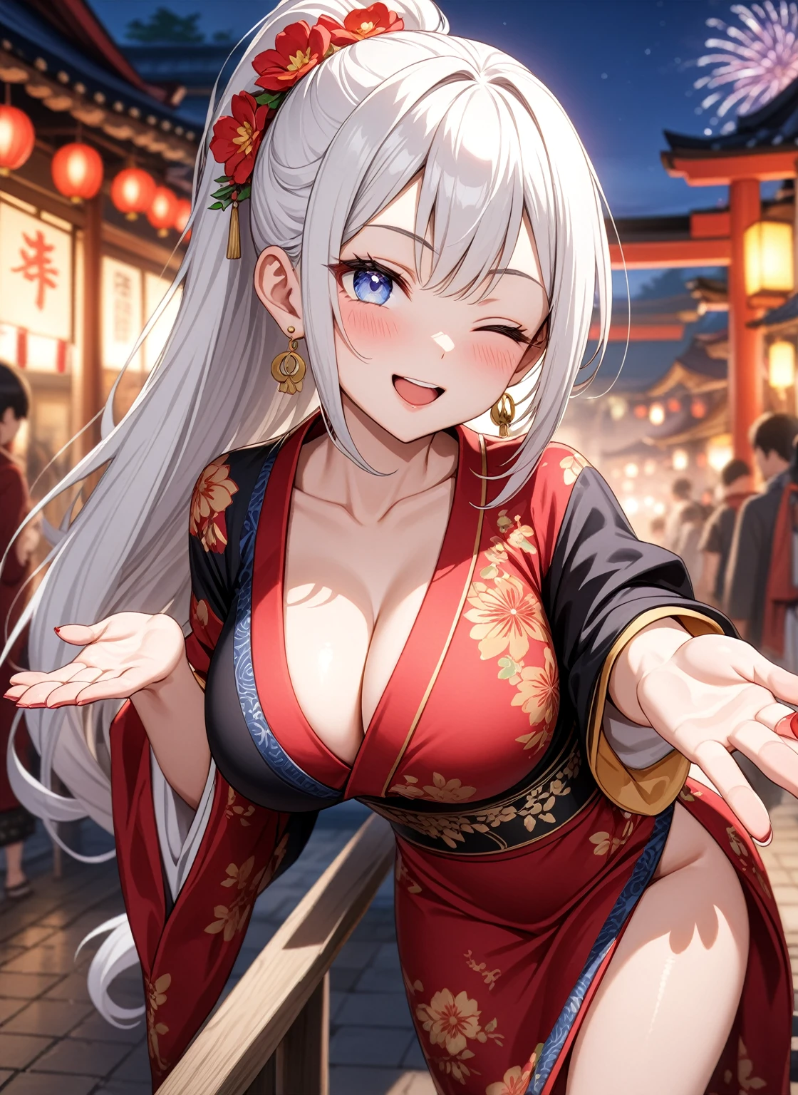 ((one personの女性)), Beautiful Face,Embarrassed and kind expression,Laugh embarrassedly,((Wink:2.0)),turn bright red,Glossy pink lips,French Nails,night,Shrine festival sexpensives,firework, ((Anime style background)),masterpiece, highest quality, so beautiful, Latest, Complex details, (Pink long nails),AI-generated, Complex,High resolution, highest quality, super high quality,3D Images、View your viewers、3D Images,one person,Long white hair,High Ponytail,blue eyes,Anime woman posing for a photo, [[Fine grain、Colorful eyes、Shining Eyes:1.15]],(Squint your eyes:1.1),a hyperRealistic , hyperRealistic , Realistic,Long haired white hair anime woman, Smooth anime CG art, A woman in a colorful kimono with gold embroidery, (Black kimono),Red floral pattern,Long flower hair ornament,Big earrings,(Big Breasts:1.4),Mature Body,expensive,Big Ass,Fine details,Tight waist,Abdominal muscles,Putting your hands on the railing,Shooting at an angle,peace sign