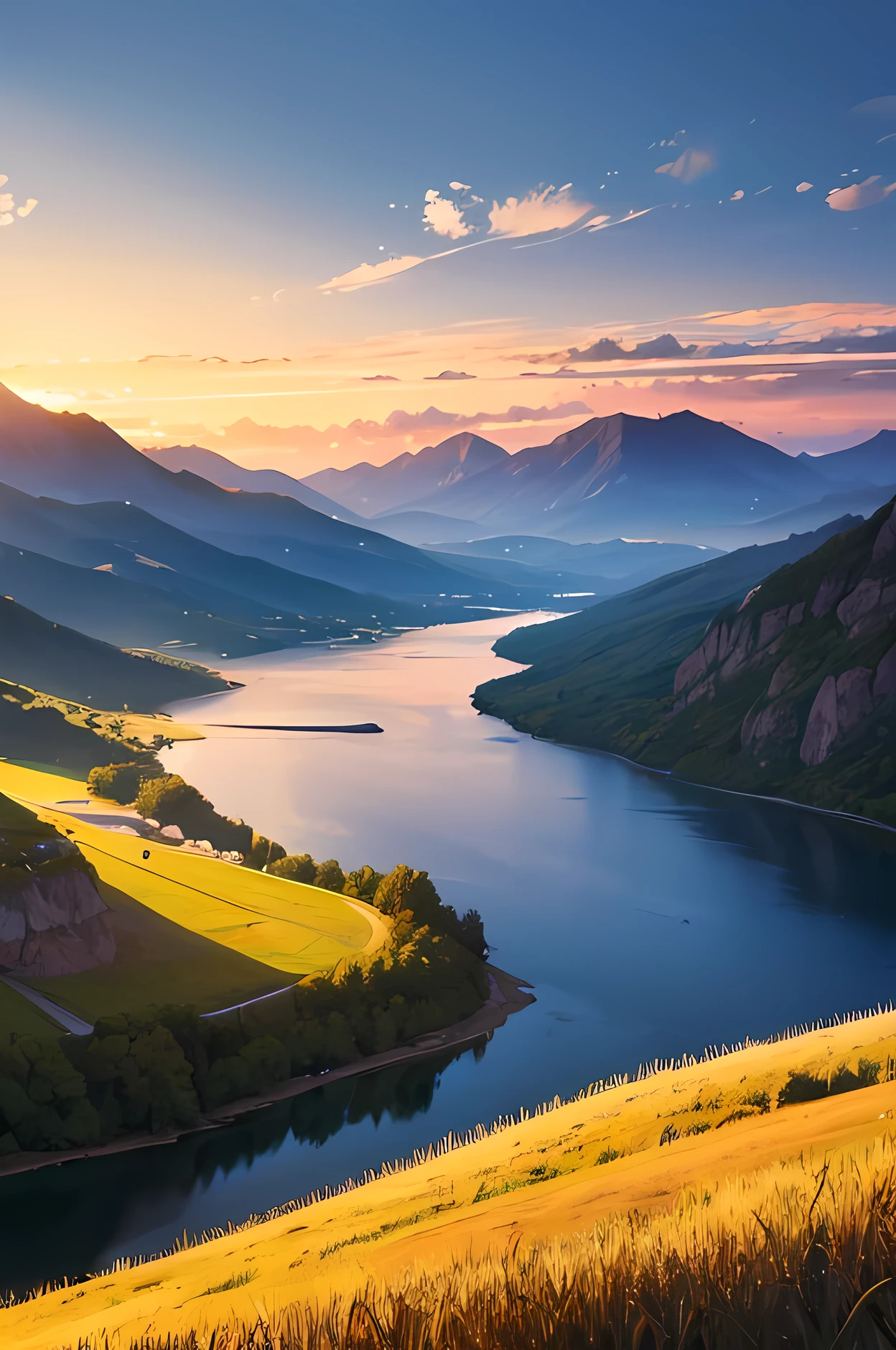 Best quality, Landscape, in the clouds, Day, Golden ratio, Mountains,River,a man with a backpack stands on the front view with his back