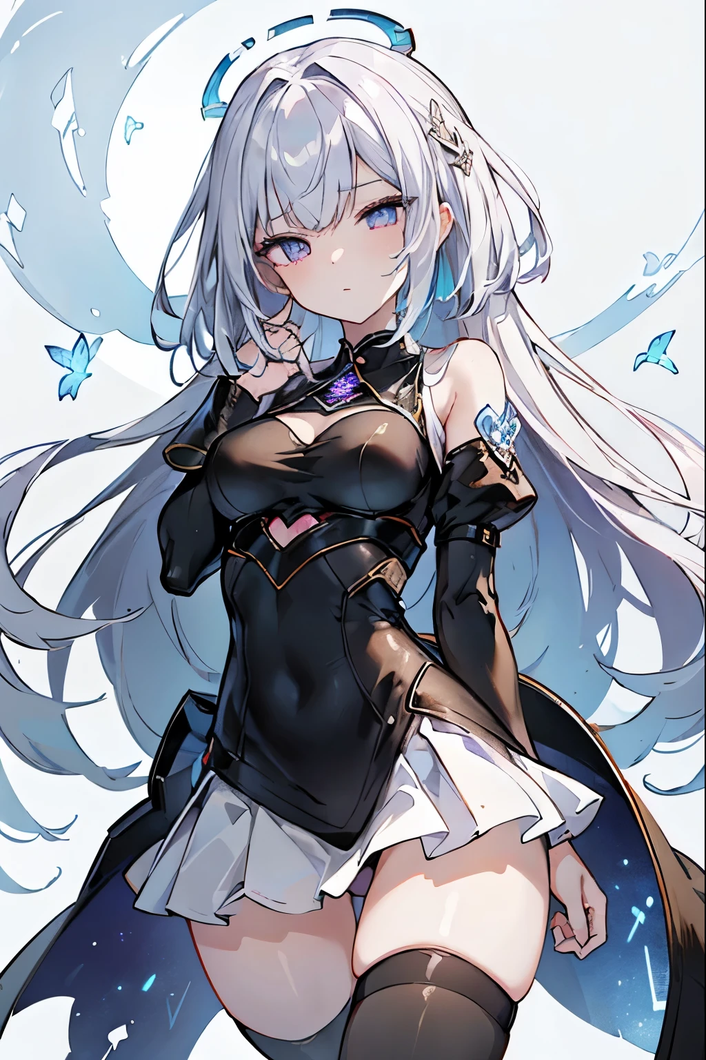 1girl, anime, cute girl, blank background, white background, fantasy, detailed fantasy dress with highlights, beautiful face, beautiful eyes, dark colors, black hair with multicolor streaks, red eye with different color pupil in eye, multicolor eye, medium breasts, slight cleavage, beautiful skin, cute, breast curtains, extremely delicate and beautiful, (beautiful detailed face:1.0), (detailed deep eyes), symmetrical breasts, deep eyes, shiny skin, portrait, slender waist, hips wider than shoulders, thighs, expressionless, young girl, luminous eyes, adorable,(Kpop idol),(aegyo sal:1),(Platinum blonde hair:1),((puffy eye)),Black panty,sexy posture,Superskirt, Ultra-high resolution,Black collar,slim figure, Abdominal y tattoo, womb tattoo,Tight-fitting leg ring,y tattoo on half-body,Bare skin, Armored hand,Hidden fingertips,Hand covered,Arm covered,Fist covered,{{beautiful detailed fingers}}, tufts of hair, moderate beautiful breast:1.0,(masterpiece:1.2), best quality, high-res, HDR, perfect face, intricate armor, delicate blue filigree, intricate filigree, red metalic parts, detailed part, dynamic pose, dynamic lights, cute face, neutral expression, shuimobysim, lotus, hanfu, maxi skirt, dress conservatively 1girl, solo, long blue hair, standing, One lady,14years,((White hair) ,(Shiny purple bodysuit with microskirt),((Fantasy, Moon Night)), gradient_eyes,