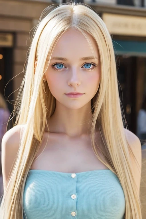 A blonde girl with blue eyes and droopy eyes who looks like she could be found in London, like a Disney princess.