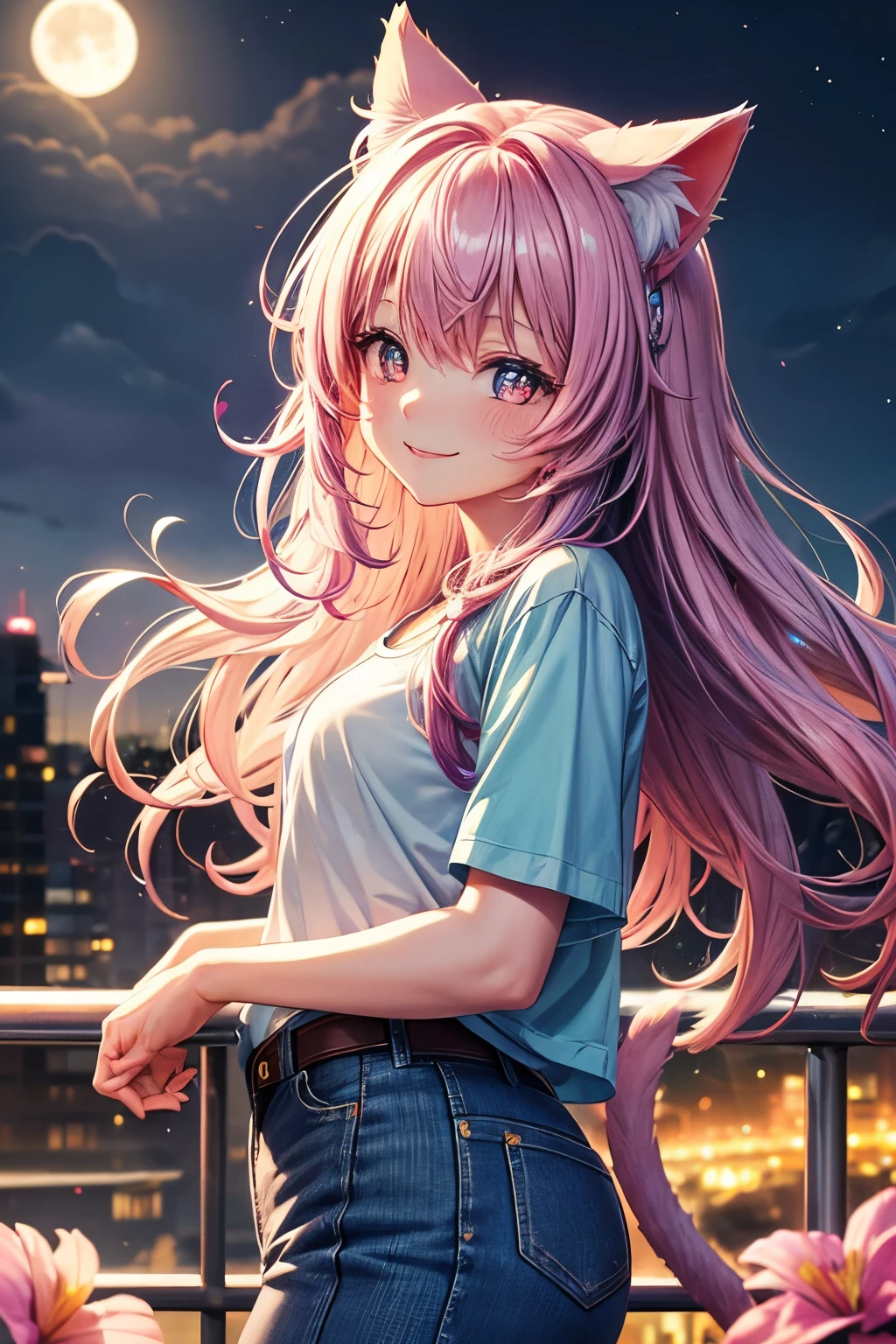 Top quality, high resolution, perfect human body structure, from side, rainbow hair, glowing hair, cat ears, background with flowers, moon, colorful, pastel colors, cityscape, fetal position , heart shaped pupils, wavy hair, shiny hair, smiling, cliff top, t-shirt, jeans,