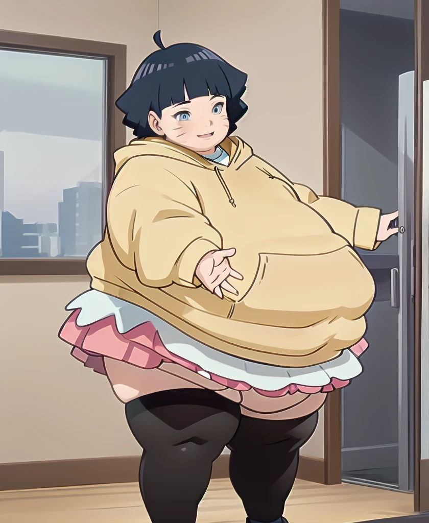 1girl, fat himawari, hoodie, hima-skirt, black stockings, obese, cute, thick thighs, two scratches on each cheek, indoors, masterpiece, best quality, detailed