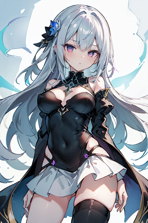 1girl, anime, cute girl, blank background, white background, fantasy, detailed fantasy dress with highlights, beautiful face, beautiful eyes, dark colors, black hair with multicolor streaks, red eye with different color pupil in eye, multicolor eye, medium breasts, slight cleavage, beautiful skin, cute, breast curtains, extremely delicate and beautiful, (beautiful detailed face:1.0), (detailed deep eyes), symmetrical breasts, deep eyes, shiny skin, portrait, slender waist, hips wider than shoulders, thighs, expressionless, young girl, luminous eyes, adorable,(Kpop idol),(aegyo sal:1),(Platinum blonde hair:1),((puffy eye)),Black panty,sexy posture,Superskirt, Ultra-high resolution,Black collar,slim figure, Abdominal y tattoo, womb tattoo,Tight-fitting leg ring,y tattoo on half-body,Bare skin, Armored hand,Hidden fingertips,Hand covered,Arm covered,Fist covered,{{beautiful detailed fingers}}, tufts of hair, moderate beautiful breast:1.0,(masterpiece:1.2), best quality, high-res, HDR, perfect face, intricate armor, delicate blue filigree, intricate filigree, red metalic parts, detailed part, dynamic pose, dynamic lights, cute face, neutral expression, shuimobysim, lotus, hanfu, maxi skirt, dress conservatively 1girl, solo, long blue hair, standing, One lady,14years,((White hair) ,(Shiny purple bodysuit with microskirt),((Fantasy, Moon Night)), gradient_eyes,