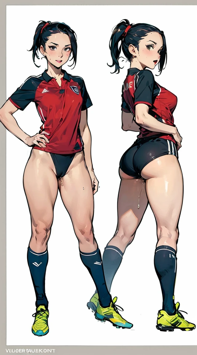 ((masterpiece)),(((best quality))),((character design sheet)),((vulgar)),thick thighs,1girl,big tits,((between breasts)),pussy juice,wearing an Wet sexual soccer uniform and soccer shoes,shirt harf lift