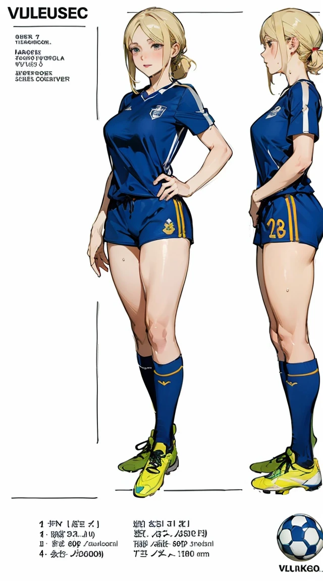 ((masterpiece)),(((best quality))),((character design sheet)),((vulgar)),thick thighs,1girl,big tits,((between breasts)),pussy juice,wearing an Wet sexual soccer uniform and soccer shoes,shirt harf lift