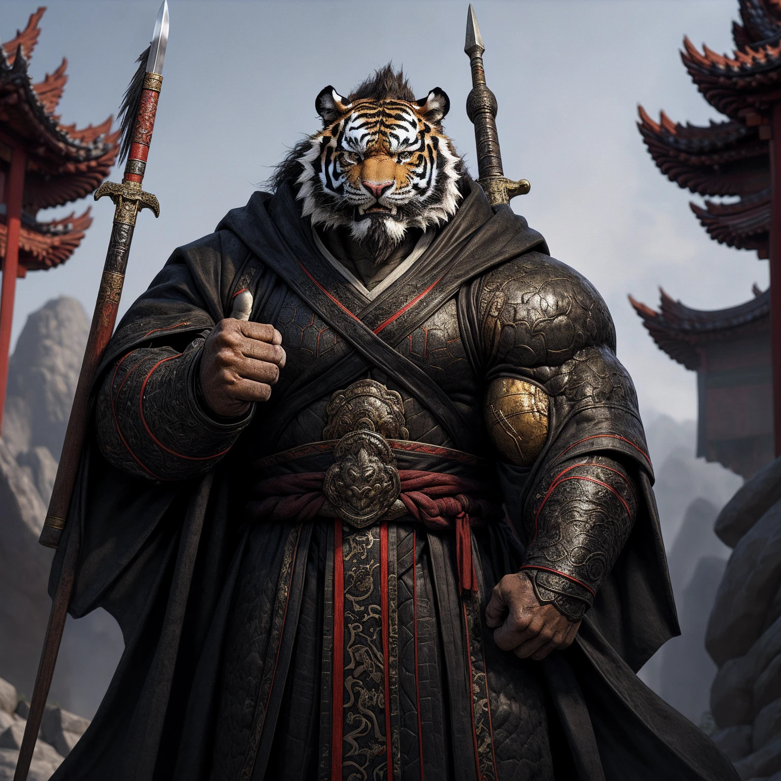 (Black Tiger),(Black battle robe),Armed with a spear,Powerful gesture,Stand confidently and proudly,Chinese style general holding a sword looking into the distance in the dragon city middle-aged serious face beard,Strong,muscle,(high resolution:1.3)