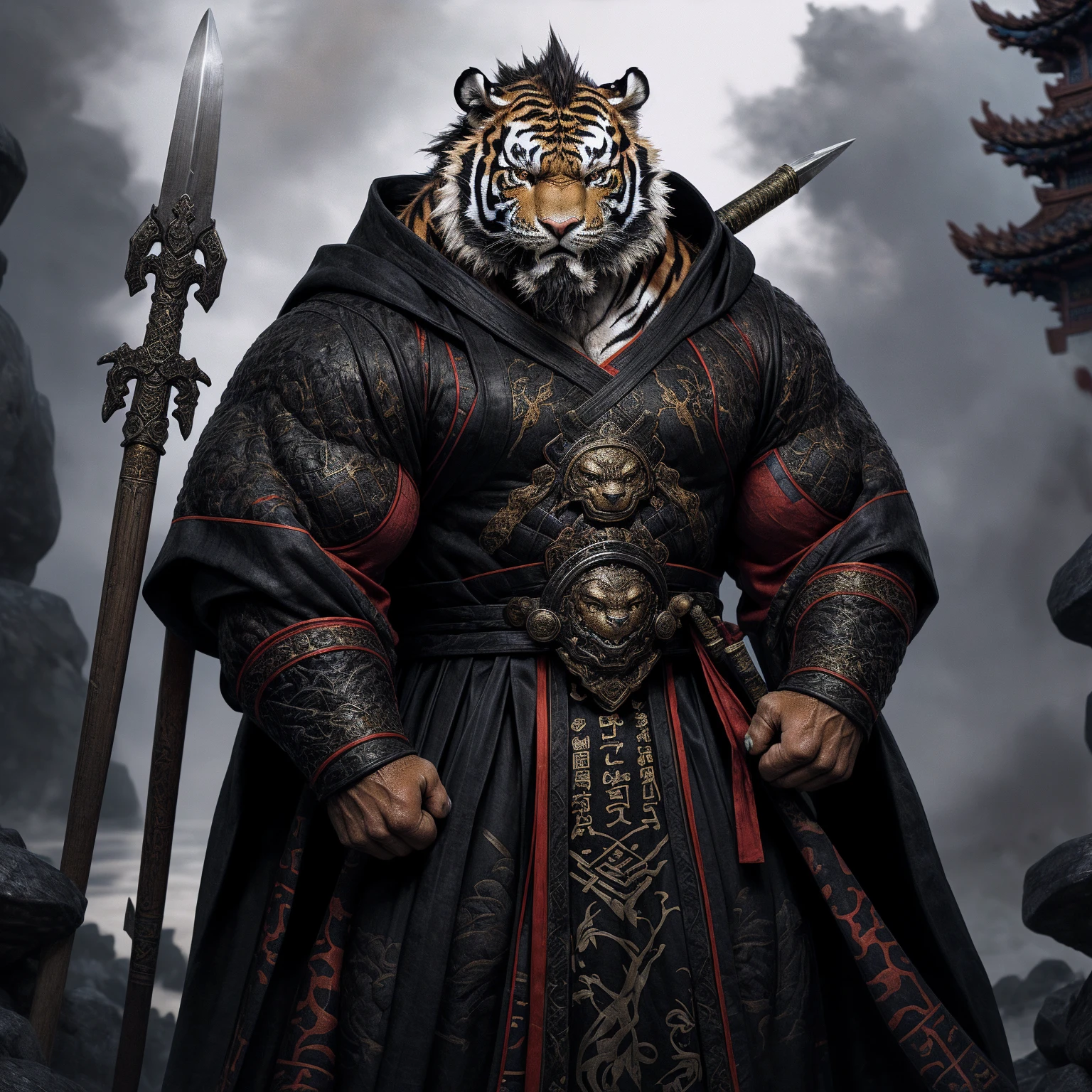 (Black Tiger),(Black battle robe),Armed with a spear,Powerful gesture,Stand confidently and proudly,Chinese style general holding a sword looking into the distance in the dragon city middle-aged serious face beard,Strong,muscle,(high resolution:1.3)