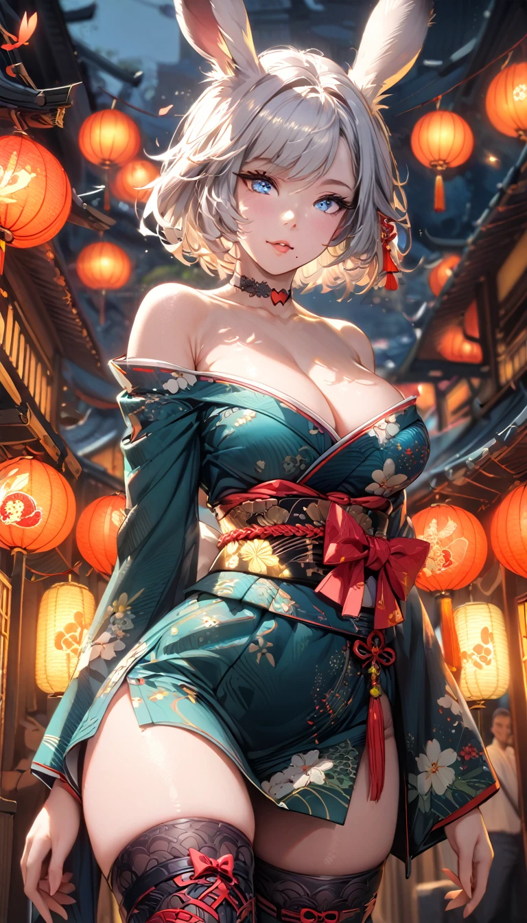 best quality,4k,8k,highres,masterpiece:1.2),ultra-detailed, extremely detailed eyes, extremely detailed body, (large masterpiece digital art), (detailed manga illustration), (detailed line art), ((perfect anatomy)), (intricate details:1.3), (ultra-detailed:1.3), (illustration:1.3), (sharp focus:1.3), (natural lighting:1.05), (vivid colors:1.3), (masterpiece), best quality, expressive eyes, perfect face, 1girl, animal ears, bare shoulders, {blue eyes}, blurry, bracelet, breasts, choker, cleavage, cowboy shot, depth of field, festival, fireworks, heart, heart choker, Japanese clothes, jewelry, kimono, large breasts, looking at viewer, mask, mole, mole under mouth, obi, off shoulder, parted lips, rabbit ears, ribbon-trimmed legwear, ribbon trim, sash, short hair, white hair, short kimono, short yukata, skin dentation, smile, solo, thigh-highs, Viera, {{dark skin}}, wide sleeves, green yukata, blue eyes, cinematic lighting, warm atmosphere,