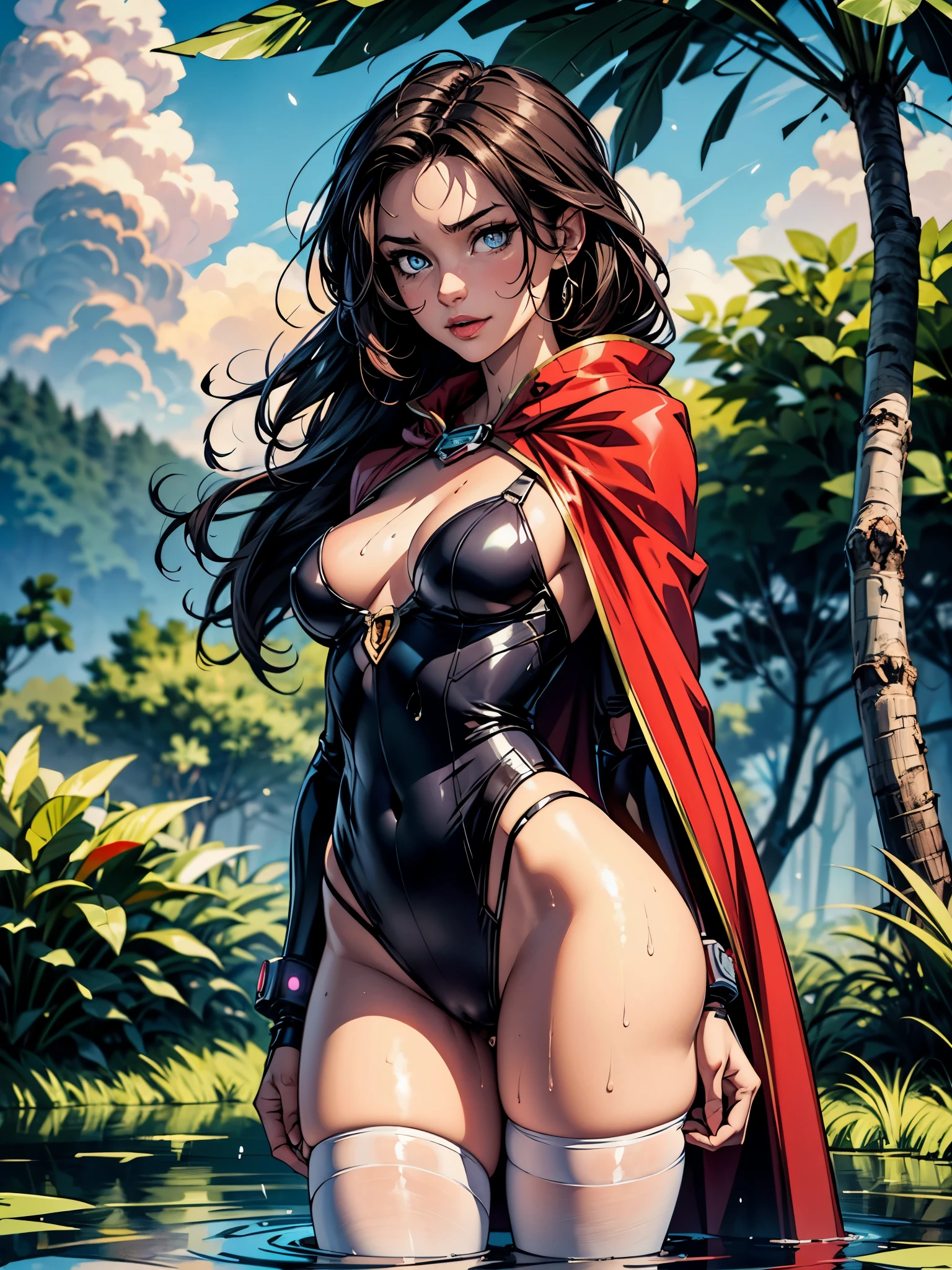 1female,,bit girl,super adorable,smallunderboob ,Pornographic exposure, solo,(Background with:hilltop,the rainforest,in summer,Standing water on the ground,exteriors) Feel free to hairstyle,Stride,Sweat profusely,drenched all over the body,seen from the front,Long black hair , mostly cloudy sky,(((tmasterpiece),(Very detailed CG unity 8K wallpaper),best qualtiy,cinmatic lighting,detailed back ground,beatiful detailed eyes,Bright pupils,(Very fine and beautiful),(Beautiful and detailed eye description),ultra - detailed,tmasterpiece,)),facing at camera,A high resolution,ultra - detailed)There is a robotic arm,cyber punk style,nakeness,Wipe off panties,revealing breasts,Bare genitalia, Bulge,Camel toes,Raised sexy,Lewd expression,Flushed complexion,Open-mouthed,frontage,The Winter Soldier(Wearing:Red cape,Pantyhose) provocative smirk, sultry look, seductive,