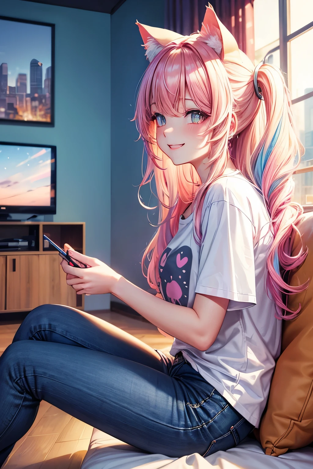 Best quality, High resolution, Perfect human structure, Side view, Iridescent hair, Glowing hair, Cat ears, Floral background, Colorful, Pastel colors, Cityscape, Heart shaped pupils, Wavy hair, Glowing hair, Smiling, Living room, T-shirt, Jeans