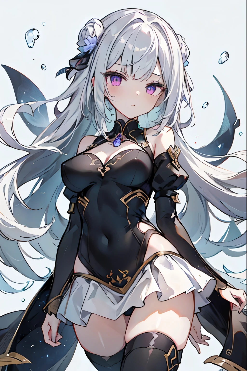 1girl, anime, cute girl, blank background, white background, fantasy, detailed fantasy dress with highlights, beautiful face, beautiful eyes, dark colors, black hair with multicolor streaks, red eye with different color pupil in eye, multicolor eye, medium breasts, slight cleavage, beautiful skin, cute, breast curtains, extremely delicate and beautiful, (beautiful detailed face:1.0), (detailed deep eyes), symmetrical breasts, deep eyes, shiny skin, portrait, slender waist, hips wider than shoulders, thighs, expressionless, young girl, luminous eyes, adorable,(Kpop idol),(aegyo sal:1),(Platinum blonde hair:1),((puffy eye)),Black panty,sexy posture,Superskirt, Ultra-high resolution,Black collar,slim figure, Abdominal y tattoo, womb tattoo,Tight-fitting leg ring,y tattoo on half-body,Bare skin, Armored hand,Hidden fingertips,Hand covered,Arm covered,Fist covered,{{beautiful detailed fingers}}, tufts of hair, moderate beautiful breast:1.0,(masterpiece:1.2), best quality, high-res, HDR, perfect face, intricate armor, delicate blue filigree, intricate filigree, red metalic parts, detailed part, dynamic pose, dynamic lights, cute face, neutral expression, shuimobysim, lotus, hanfu, maxi skirt, dress conservatively 1girl, solo, long blue hair, standing, One lady,14years,((White hair) ,(Shiny purple bodysuit with microskirt),((Fantasy, Moon Night)), gradient_eyes,