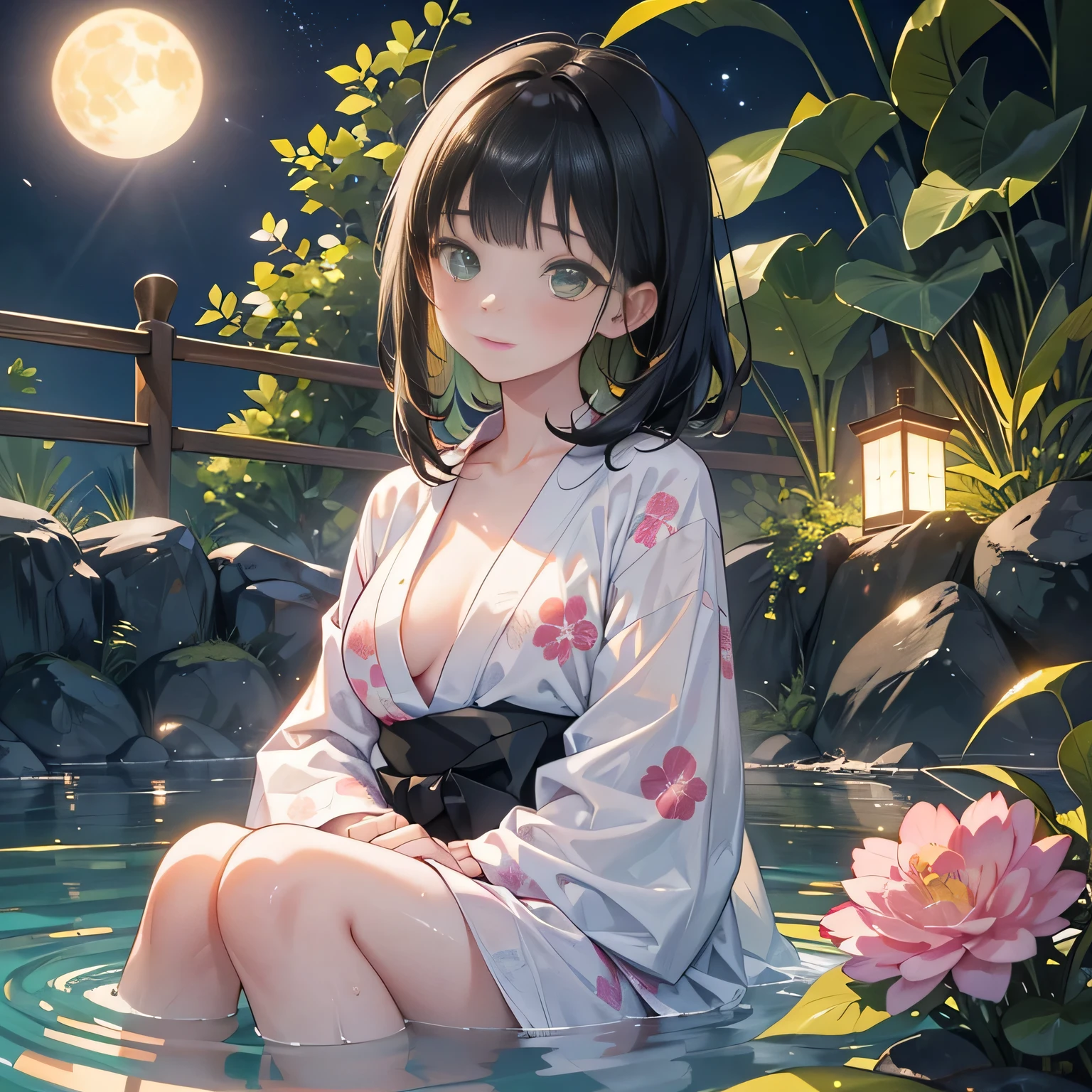 full body,low angle,from below,♥(japanese flower printed yukata),(bathing in the spa), ((1girl,cute,young,Semi long beautiful black hair,blunt bangs,beautiful green eyes)),(solo),((masterpiece, highest resolution,best quality)), ((realistic:1.5,Beautiful girl RAW photo)), (bathing in the spa), (looking at the viewer), innocent lovely laugh,cinematic lighting,beautiful outside open spa, rocks,natural beauty,full moon,night sky