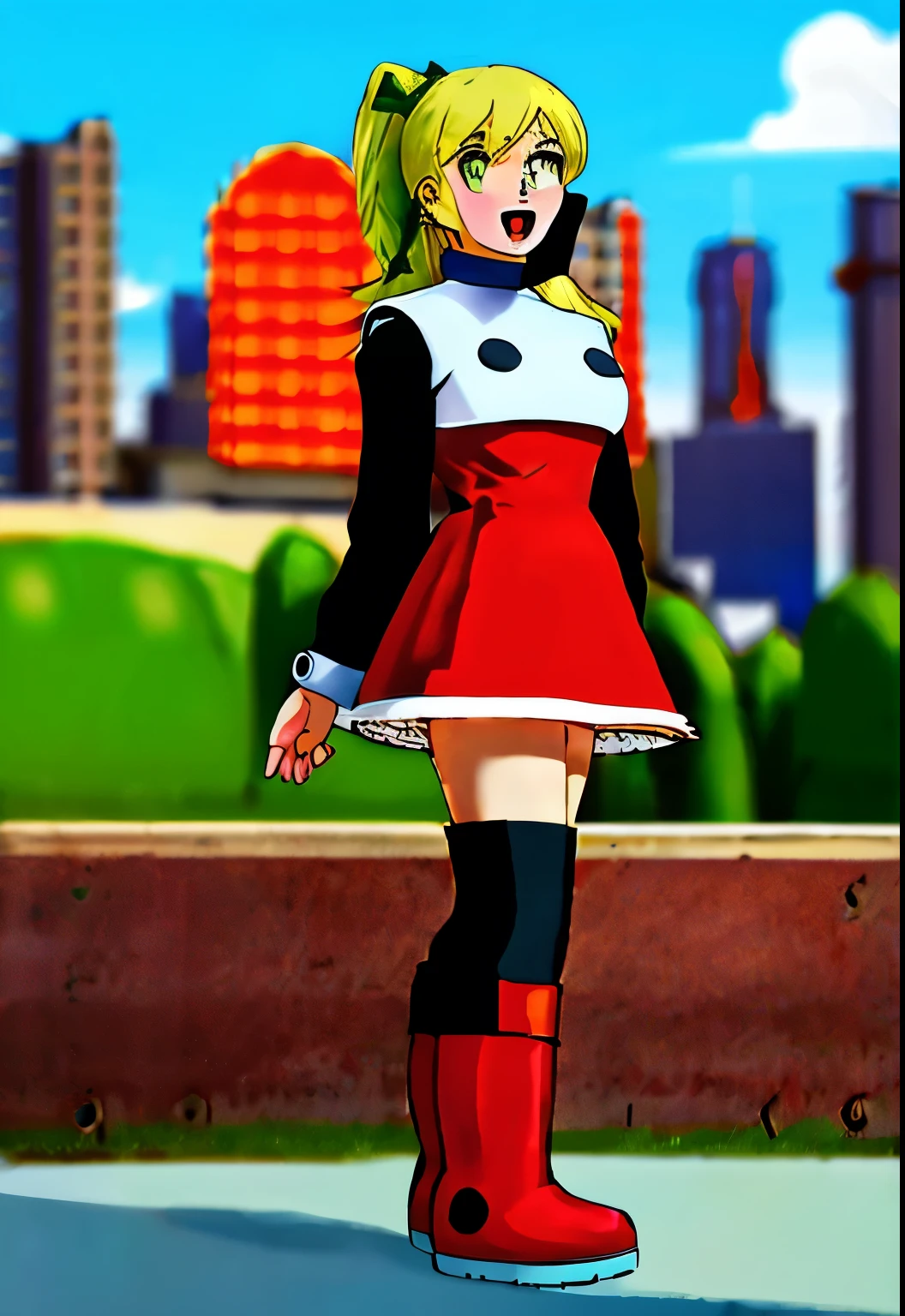 masterpiece, high quality, 
 megamanroll, 1girl, solo, green eyes, blonde hair, ponytail, ribbon, open mouth, boots, dress, smile, long hair, knee boots, red dress, hair ribbon, red footwear, long sleeves, red skirt, :d, green ribbon, looking at viewer, sidelocks, skirt, boots, futuristic city, robot behind,
 