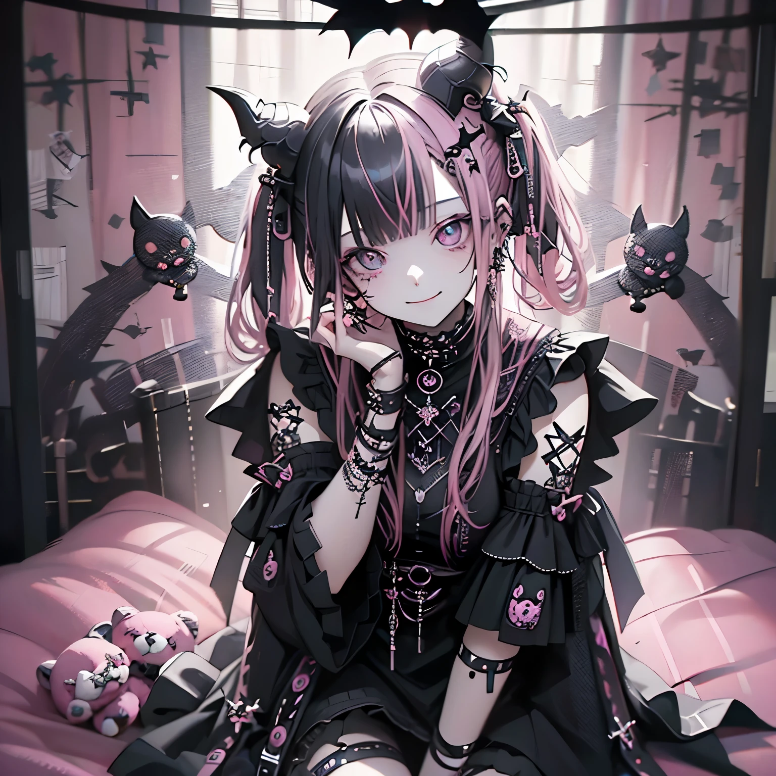 (masterpiece), highest quality, Ultra-high resolution,woman、Gothic Punk、devil、((Background pink room:1.3))、Bat、smile、teddy bear、devilの槍