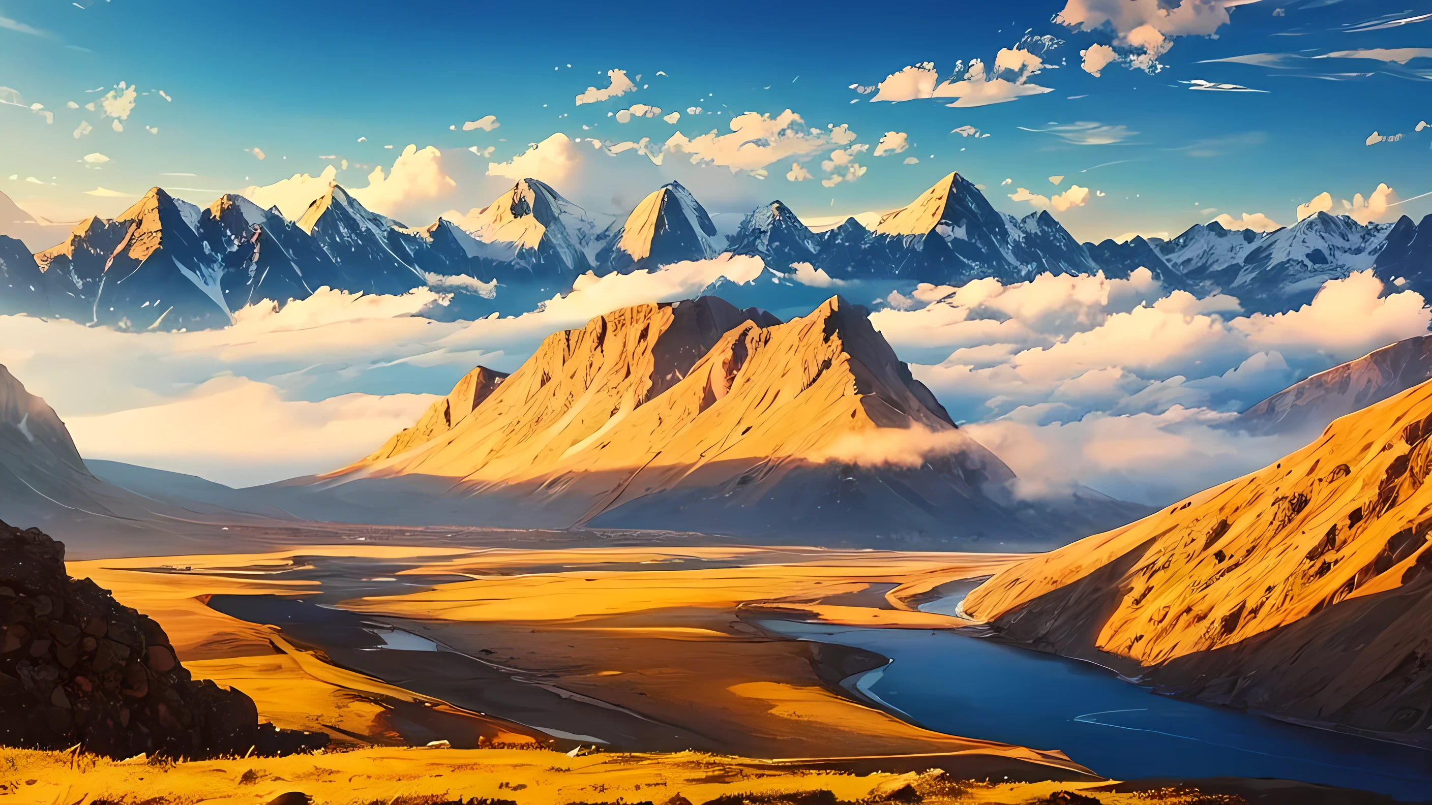 Best quality, Landscape, in the clouds, Day, Golden ratio, Mountains,River
