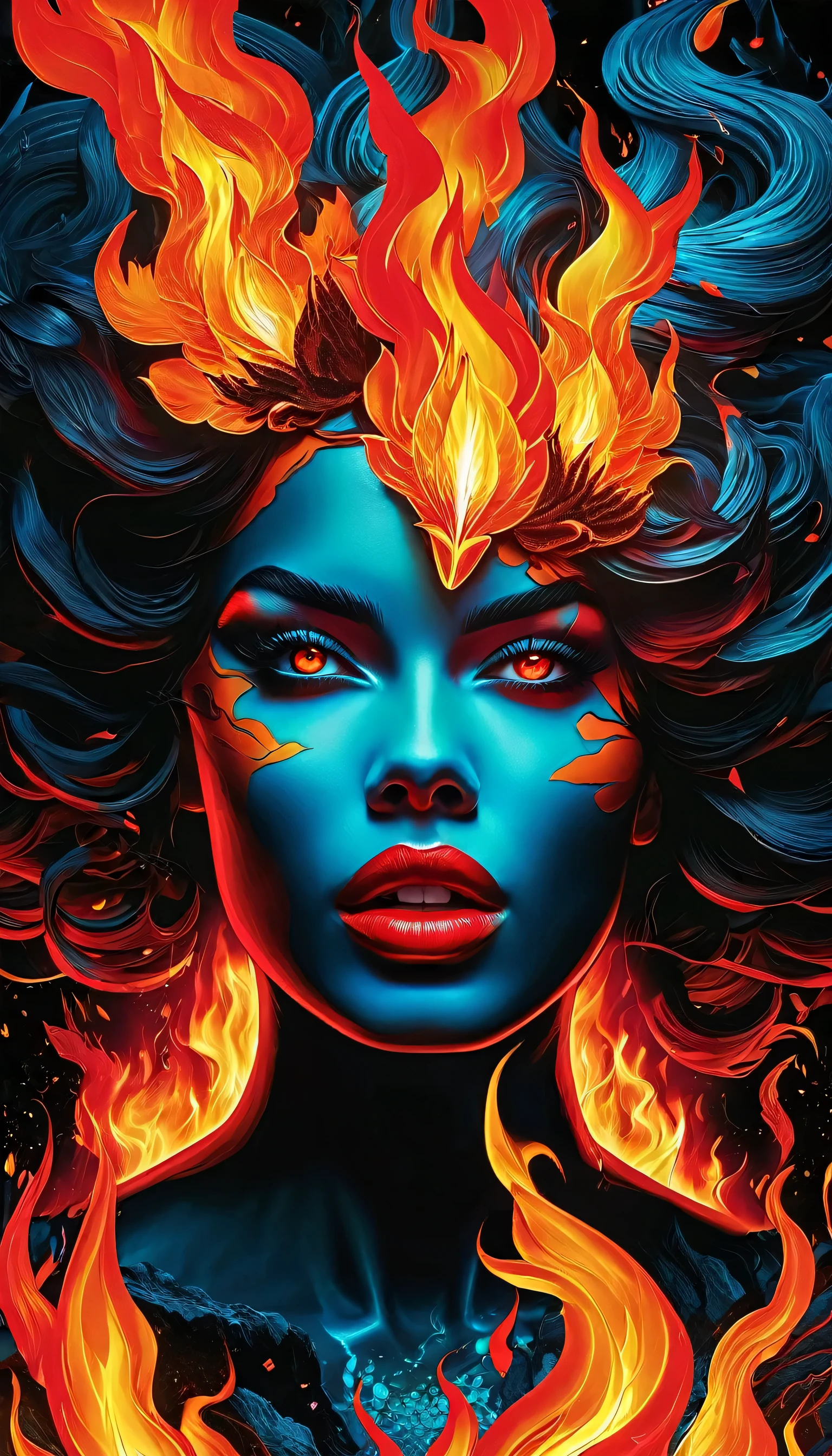 A woman with a flaming body and a fierce, hateful expression, sparking fire red eyes, set against a dark lava-themed backdrop, reminiscent of hell where nobody can flee, Fauvism influence (1.2), Alberto Seveso style (1.4), high dynamic range (HDR), vibrant color enhancement, fine art, surreal, emotionally charged, visually stunning, beautiful, gorgeous, intricate, perfect shading