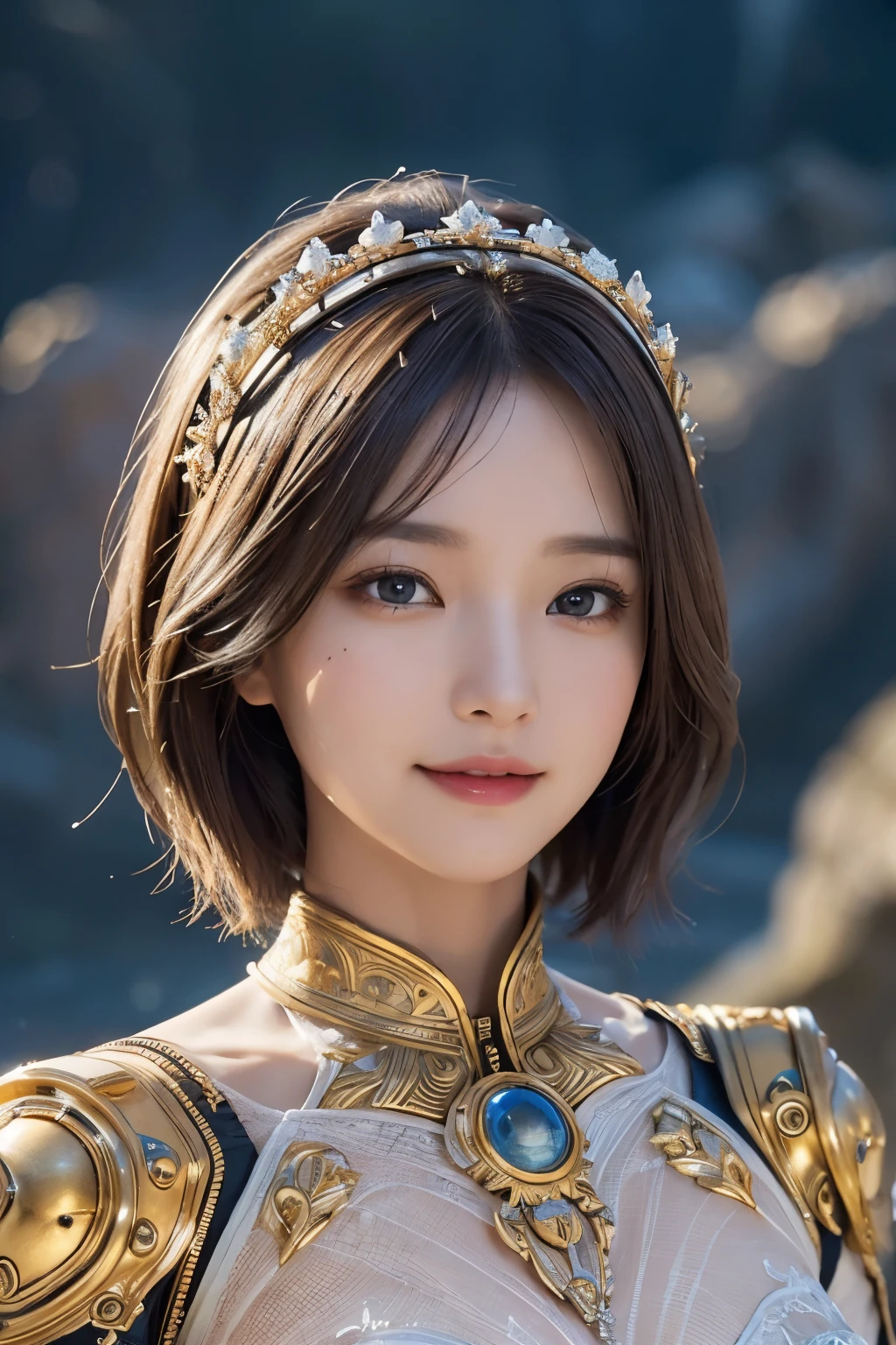 Ultra-high resolution、(Real:1.4)、One beautiful woman、Beautifully detailed eyes and skin、Light brown short hair、A Little Smile、Small Bust、Intricately decorated mechanical space suit、Impressive pose、Remains of a huge structure、Valley、cliff、Cloudy、evening、light rain、flood、