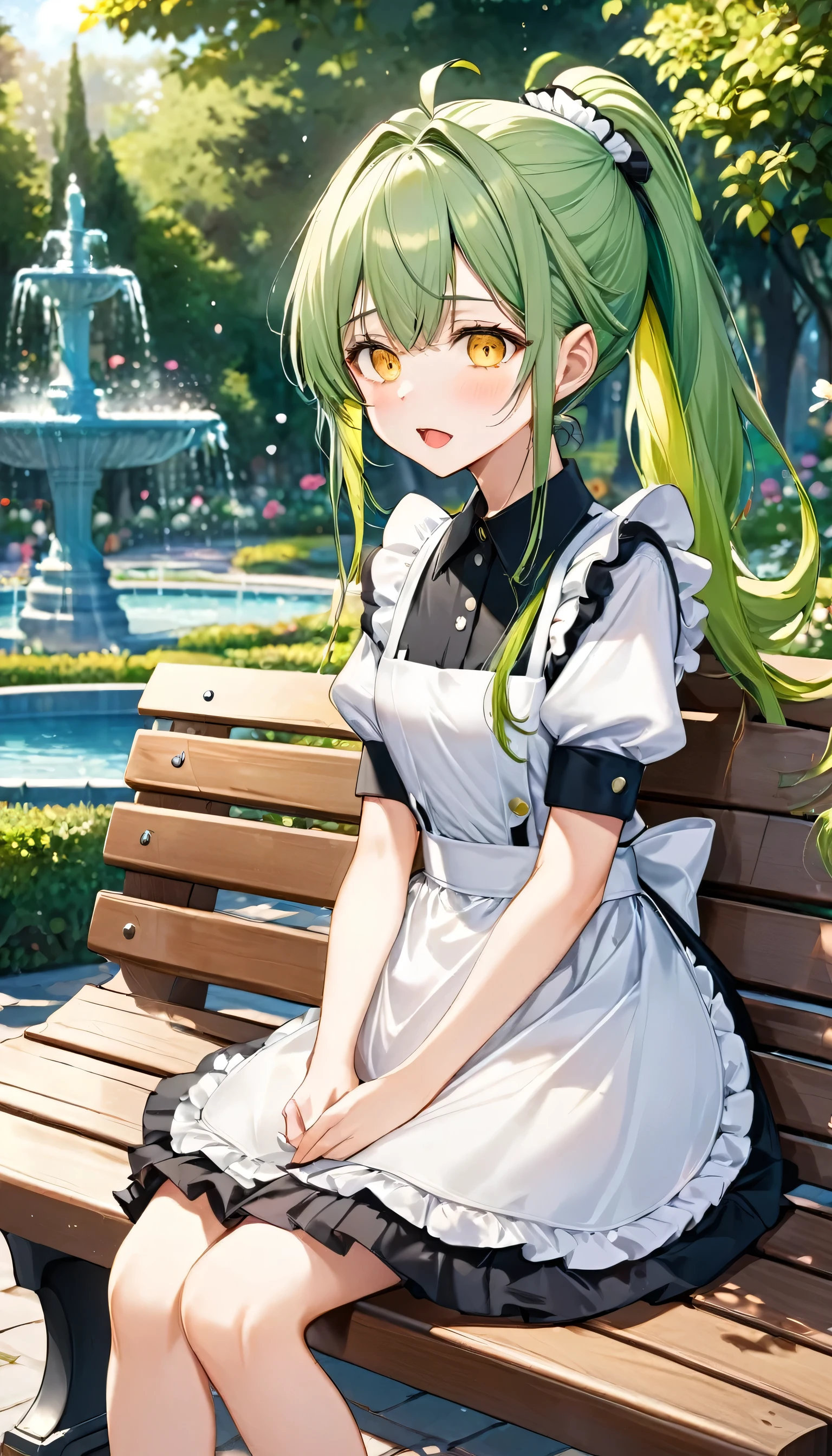 rest style, they Look at each other and talk, open mouth, sit down on bench, (solo ponytail green hair long hair cute girl, cute yellow eyes,  yo, sad face), (in a cute maid clothes), BREAK, (in the enchanted garden, background is fountain), perfect anatomy, masterpiece, best quality, 16k, beautiful detailed grow, daydreaming expression.