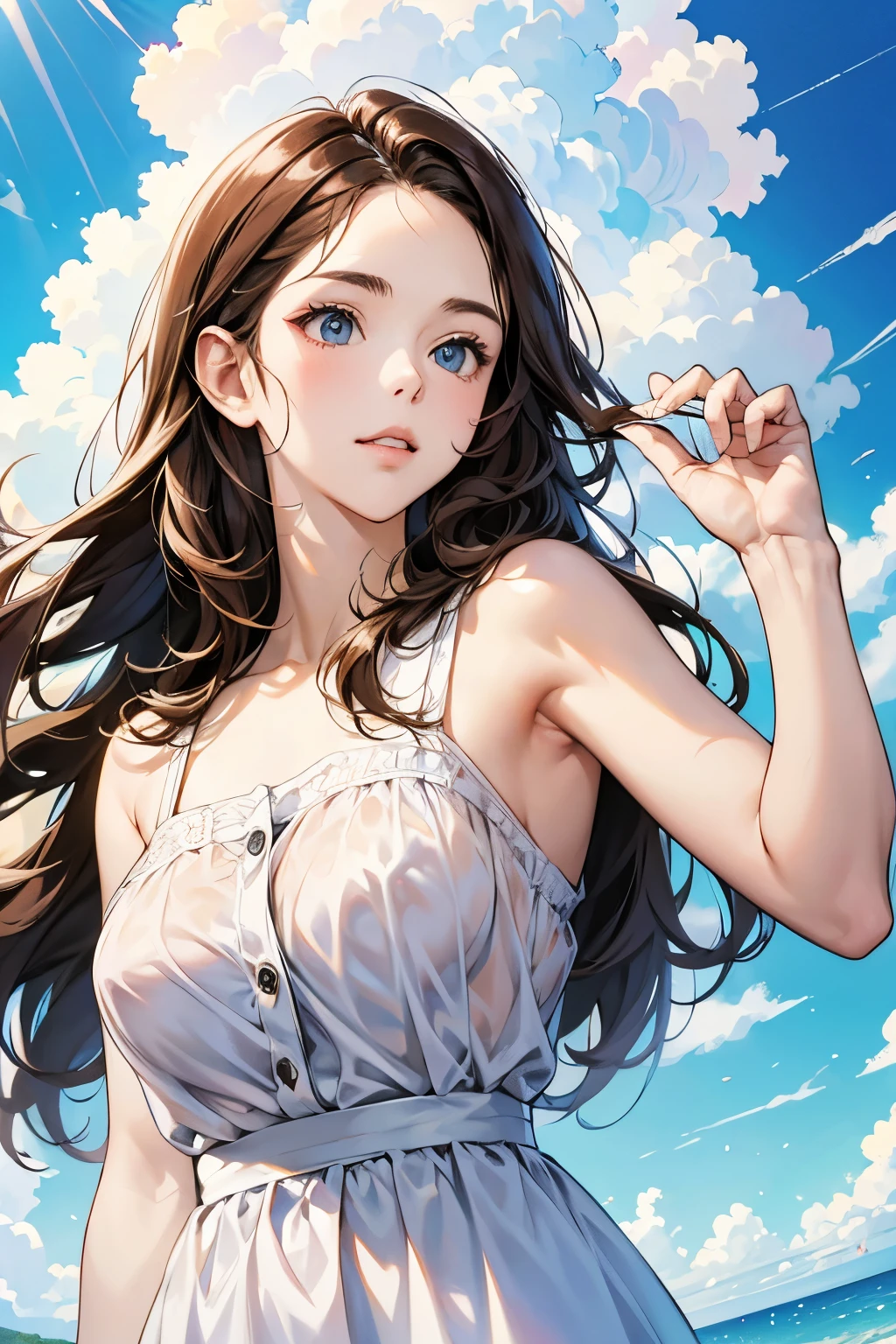 Brown Hair, Girl, White dress, summer, Blue sky, cumulonimbus, masterpiece