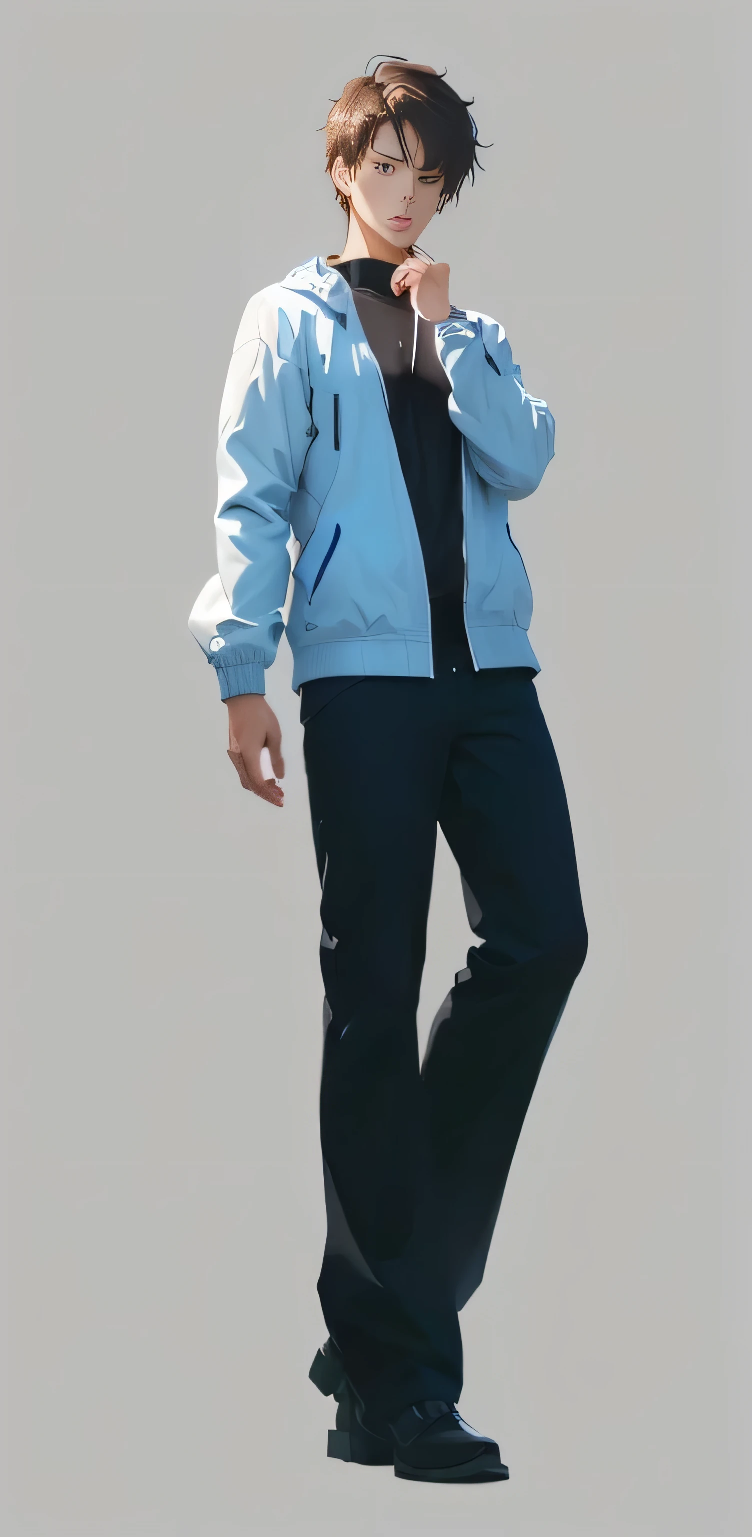 anime - style image of a man in a blue jacket and black pants, character full body portrait, single character full body, full body character portrait, makoto shinkai. digital render, tall anime guy with blue eyes, full body single character, full-body character portrait, unrealistic character concept, full body render, made with anime painter studio,Rich in details,Masterpiece,Clean shaping