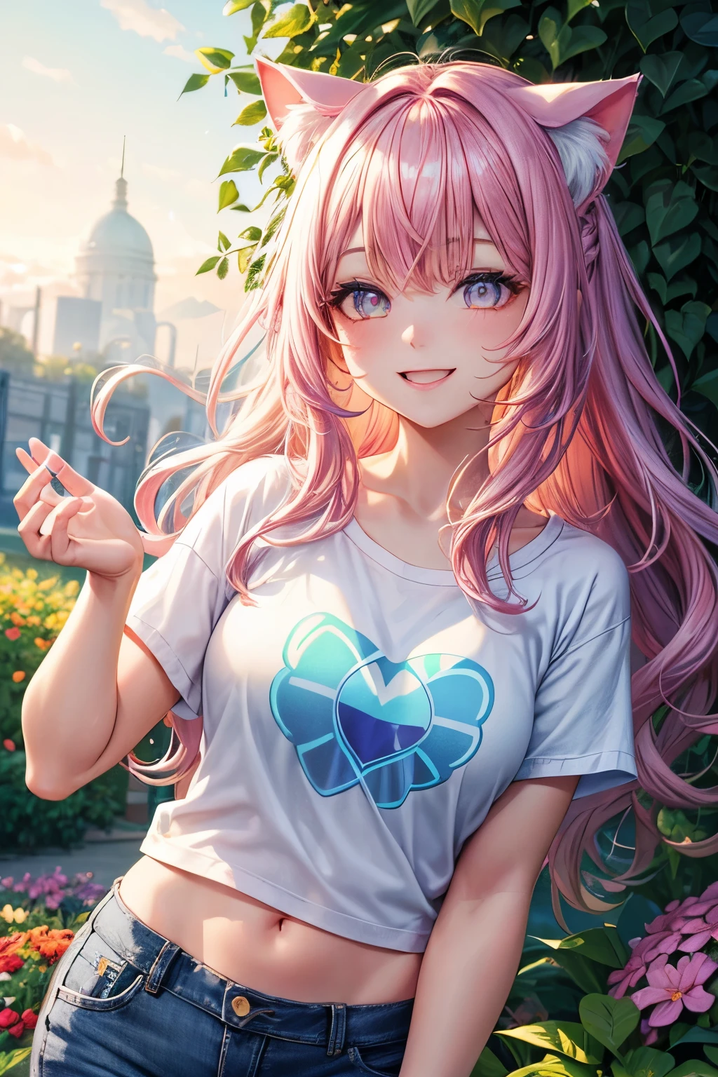 Best Quality, High Resolution, Perfect Human Structure, Iridescent Hair, Glowing Hair, Cat Ears, Floral Background, Colorful, Pastel Color, Heart-Shaped Pupils, Wavy Hair, Glowing Hair, Smiling, Garden, T-Shirt, Jeans