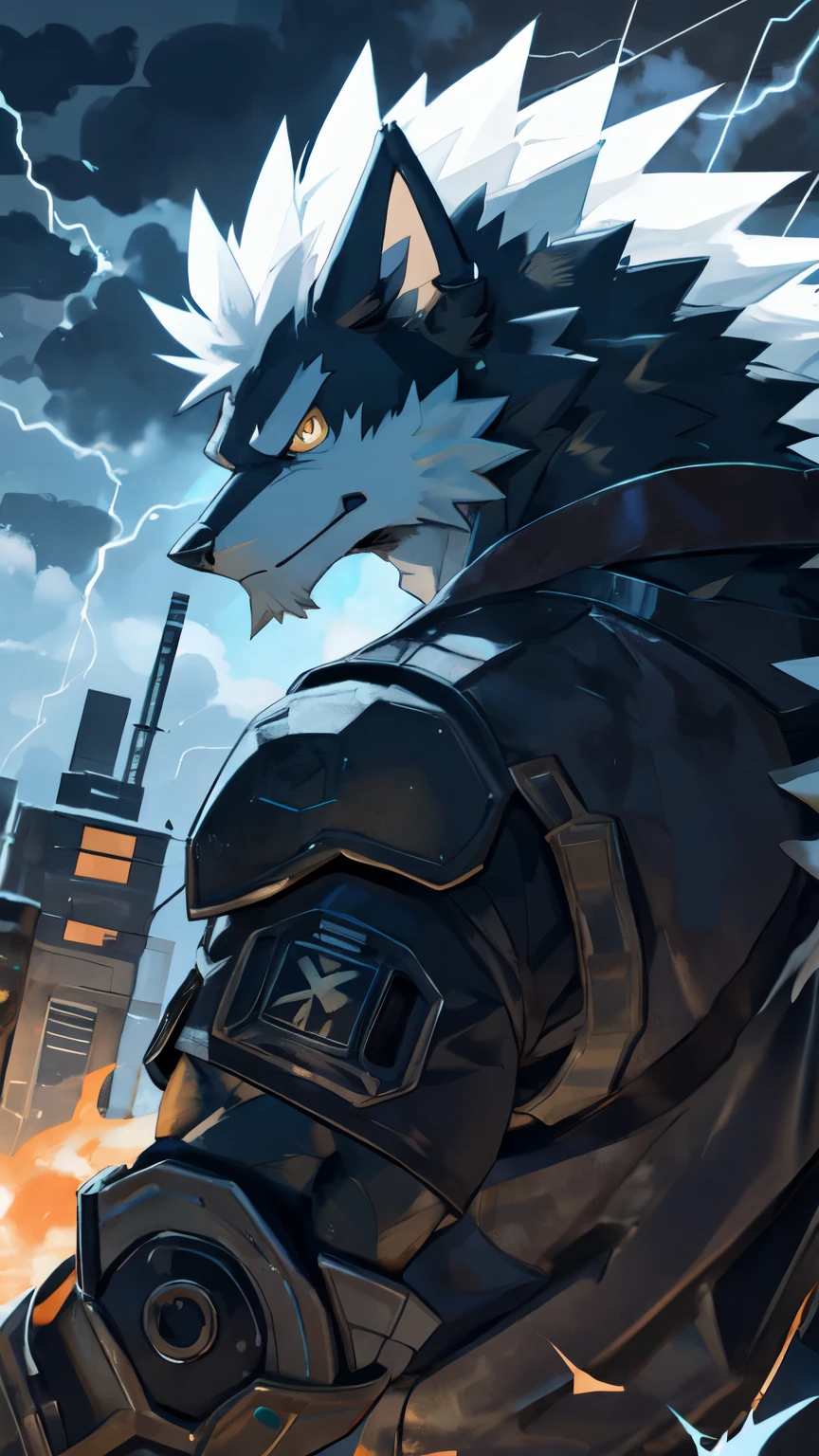 , 4k comics wallpaper, Super Saiyan藍, Anime Wallpaper, 4kAnime Wallpaper, anime wallpaper 4k, Anime Wallpaper 4k, Super Saiyan, lightning侠,胸前lightning图标,Black and White,Bust, Werewolf,lightning环绕,lightning,Thunderstorm background,robotic arm, robotic eye, half metal,Heavy Armor, focus on face, cinematic, ink, ink splash, ink sketch, right body mechanic, light glow in eye, side