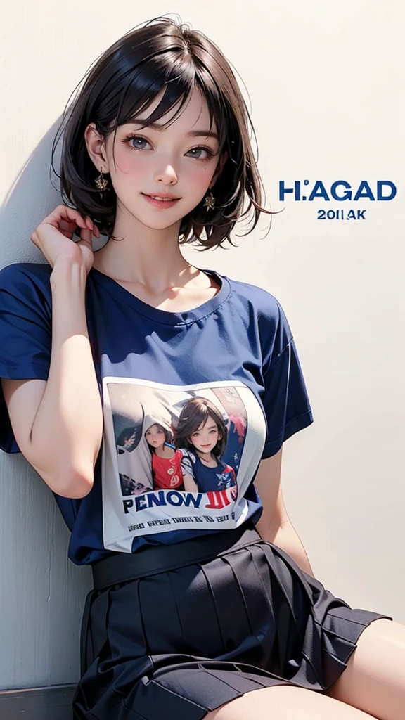 (highest quality、8k、32k、masterpiece)、(Realistic)、(Photorealistic:1.2)、(High resolution)、Very detailed、Very beautiful face and eyes、1 girl、Round and small face、Narrow waist、Delicate body、(close、highest quality、High detail、Rich skin detail)、(highest quality、8k、Oil paints:1.2)、Very detailed、(Realistic、Realistic:1.37)、Bright colors、(((Iは緑の髪をしています)))、(((Bust Shot)))、(((Side Tail Hair)))、(((smile)))、(((White wall background)))、(((White wall background)))、(((She has a happy expression)))、(((Teeth are visible)))、(((smileです)))、(((Wearing a navy blue T-shirt)))、(((It is a navy blue T-shirt with English letters on the chest.)))、(((T-shirts with English text)))、(((Look straight ahead)))、(((The skirt is short)))、、(((I'Touch your head with your right hand)))、(((You can see the Chinese characters tattoo on your chest.)))、(((I have a tattoo)))、(((Sexy Looks)))、(((There is English written on the clothes.)))