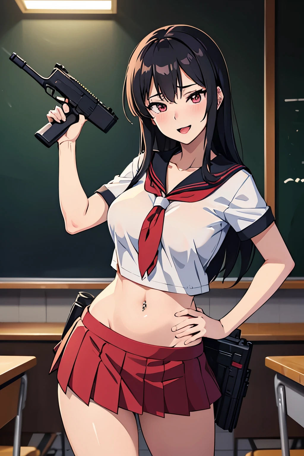 Sexy woman, MILF, neighbour black hair, sexy eyes, red lips, sexually aroused expression, lustful expression, medium chest, blush, lipstick, masterpiece, best quality, highly detailed, a anime girls in sailor uniforms with a gun posing for a picture,
evil smile, smile, open mouth,black_serafuku, ecchi anime style, anime girls , (nsfw) not safe for work,
ecchi style, ecchi, shipgirls, digital anime art!!, high school girls, holding a gun, hold a gun, anime style 4
k, micro skirt, exposed belly, exposed navel, exposed midriff,
exposed lower belly,school, classroom, navel piercing