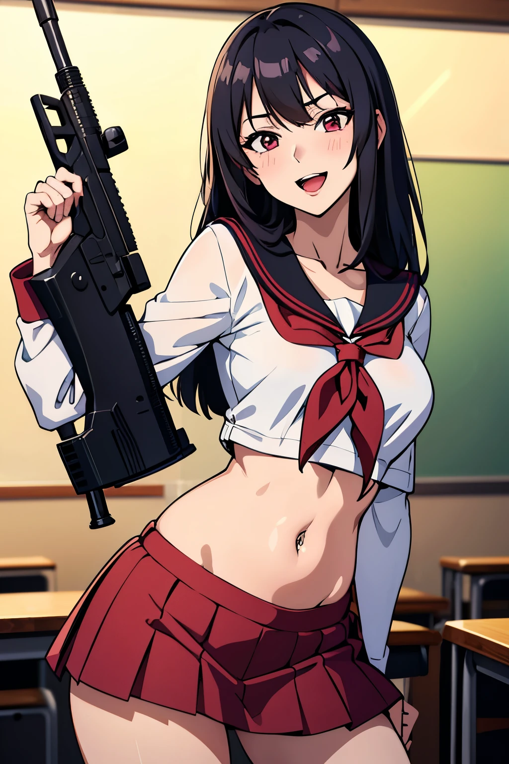 Sexy woman, MILF, neighbour black hair, sexy eyes, red lips, sexually aroused expression, lustful expression, medium chest, blush, lipstick, masterpiece, best quality, highly detailed, a anime girls in sailor uniforms with a gun posing for a picture,
evil smile, smile, open mouth,black_serafuku, ecchi anime style, anime girls , (nsfw) not safe for work,
ecchi style, ecchi, shipgirls, digital anime art!!, high school girls, holding a gun, hold a gun, anime style 4
k, micro skirt, exposed belly, exposed navel, exposed midriff,
exposed lower belly,school, classroom, navel piercing