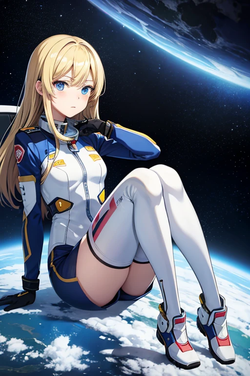 Anime drawings、Full body portrait、Space SF Pilot、A woman around 20 years old, about 160cm tall, wearing a pilot suit, sitting with her knees hugged to her chest、Troubled expression、Hair is semi-long、Blonde、gloves、Blue Eyes、Flat chest