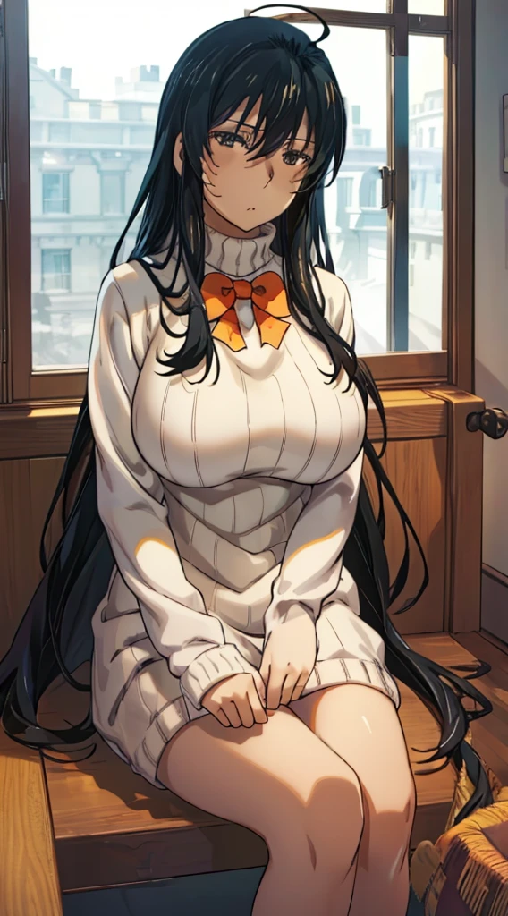 AK,1girl, solo, portrait, (huge breasts), expressionless, long hair, ahoge, bowtie, perfect quality, good quality, masterpiece, HDR, UHD, highly detailed, 8k, hyper realistic, photorealistic, intricate details, virgin killer sweater, 