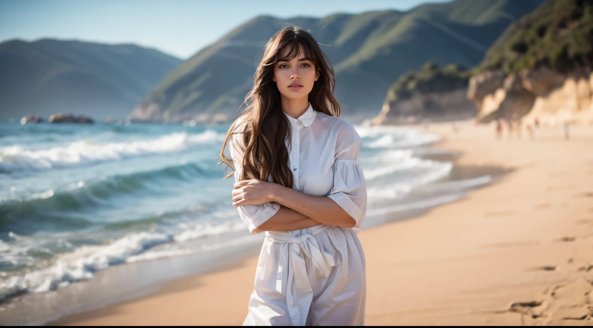 Surreal, Ultra HD, Attractive and sexy body shape , The surrounding environment is very vivid，HDR，Very high image quality，Cinematic Lenses. Natural Location, Natural Human ???????，A 20-year-old girl，Standing by the sea，seawater，Beach，Blue sky，White Cloud，Tree，Photo of an Italian female model，Long hair，White clothing，Shooting in the style of the Canon EOS R5 at F2 and ISO400，Soft Light
