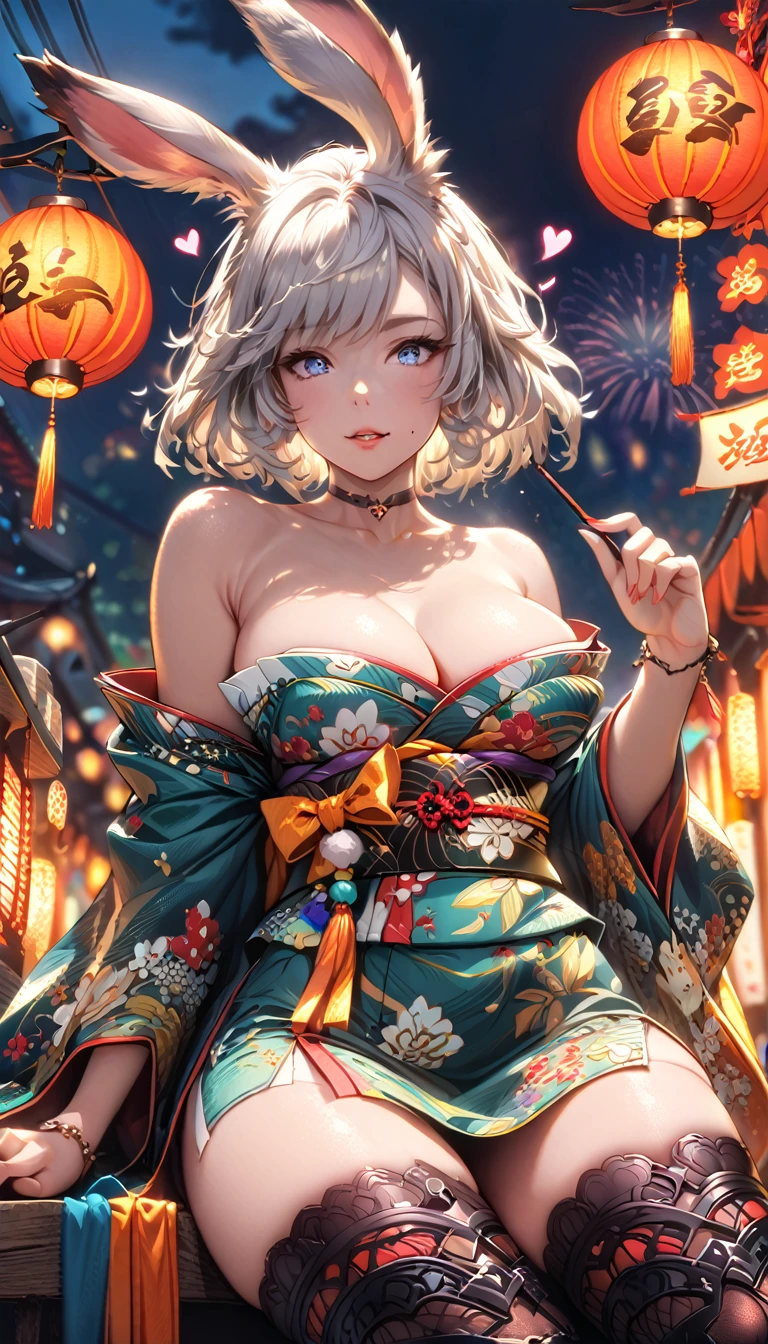 best quality,4k,8k,highres,masterpiece:1.2),ultra-detailed, extremely detailed eyes, extremely detailed body, (large masterpiece digital art), (detailed manga illustration), (detailed line art), ((perfect anatomy)), (intricate details:1.3), (ultra-detailed:1.3), (illustration:1.3), (sharp focus:1.3), (natural lighting:1.05), (vivid colors:1.3), (masterpiece), best quality, expressive eyes, perfect face, 1girl, animal ears, bare shoulders, {blue eyes}, blurry, bracelet, breasts, choker, cleavage, cowboy shot, depth of field, festival, fireworks, heart, heart choker, Japanese clothes, jewelry, kimono, large breasts, looking at viewer, mask, mole, mole under mouth, obi, off shoulder, parted lips, rabbit ears, ribbon-trimmed legwear, ribbon trim, sash, short hair, white hair, short kimono, short yukata, skin dentation, smile, solo, thigh-highs, Viera, {{dark skin}}, dark skinned woman, wide sleeves, green yukata, cinematic lighting, warm atmosphere, final fantasy,