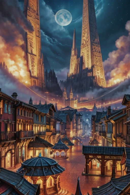 A vivid very highly detailed defined for whole image picture of a City or town in the  worlds of Warcraft otherworldly foreign exotic