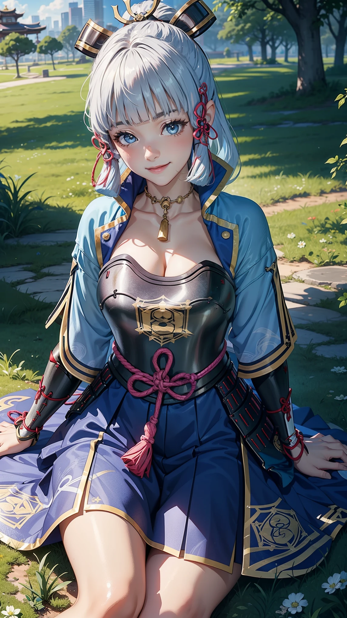 (Kamisatoayakadef), (narrow waist), blushing, official art, detail face, cg,looking at viewer, (sitting),park, (expansive landscape photography:1.2), (large breast), smile, cleavage