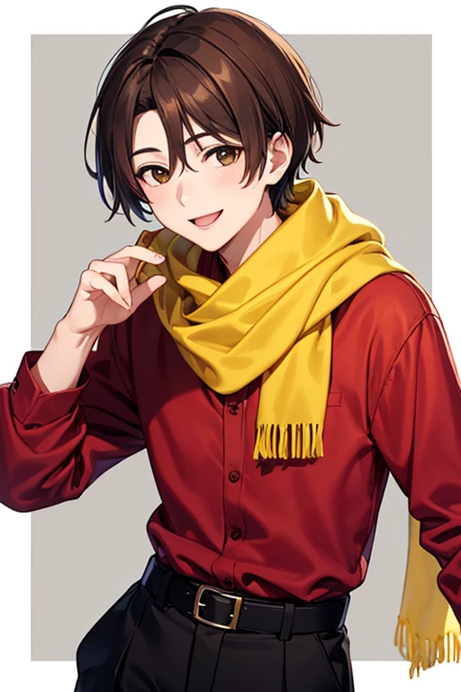 (((pixel-perfect, detail-perfect))), solo, 1boy, koci(Yeol Ayres), brown hair, red shirt, long sleeve, yellow scarf, pants black, belts, smile