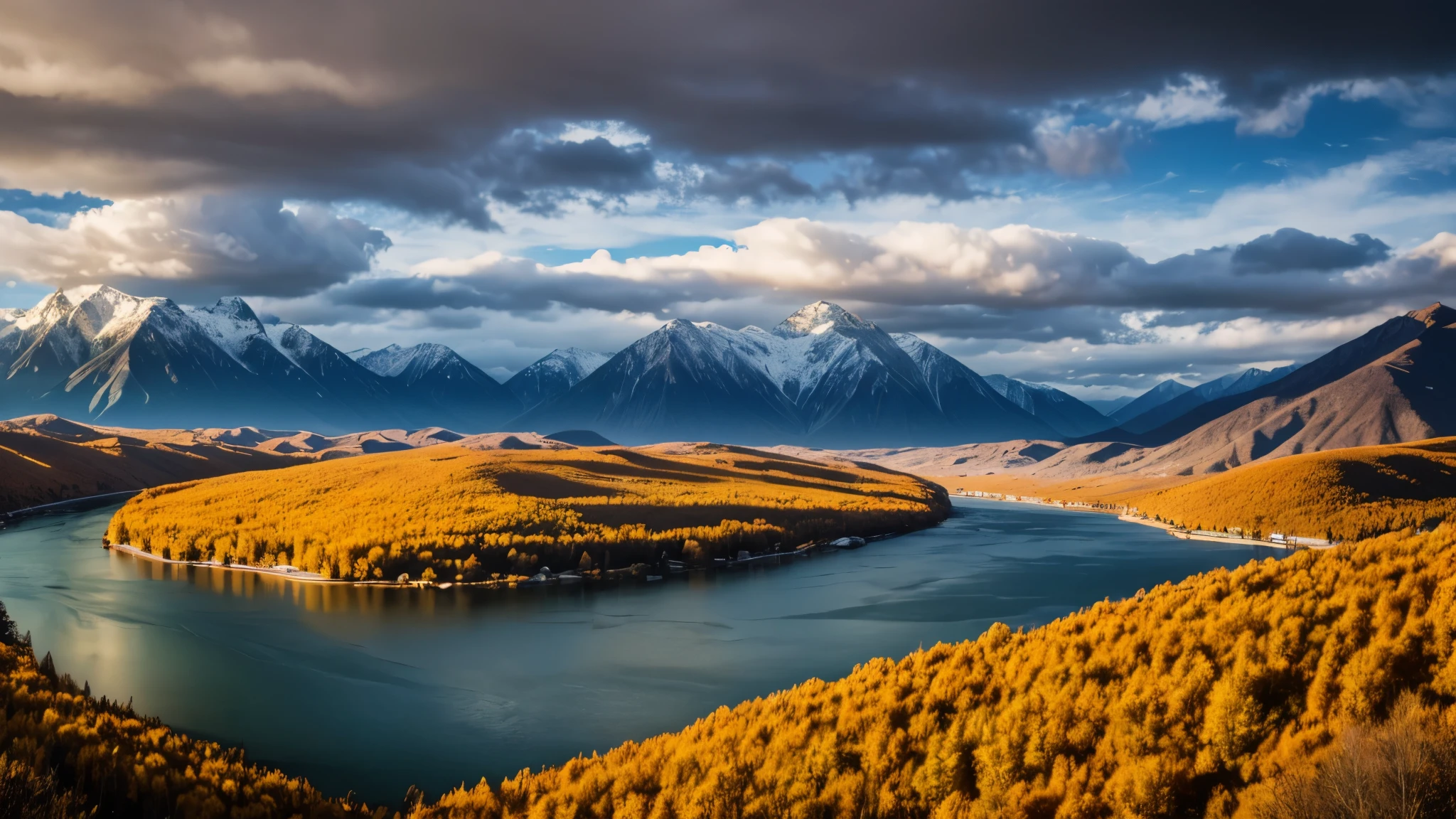 Best quality, Landscape, in the clouds, Day, Golden ratio, Mountains,River
