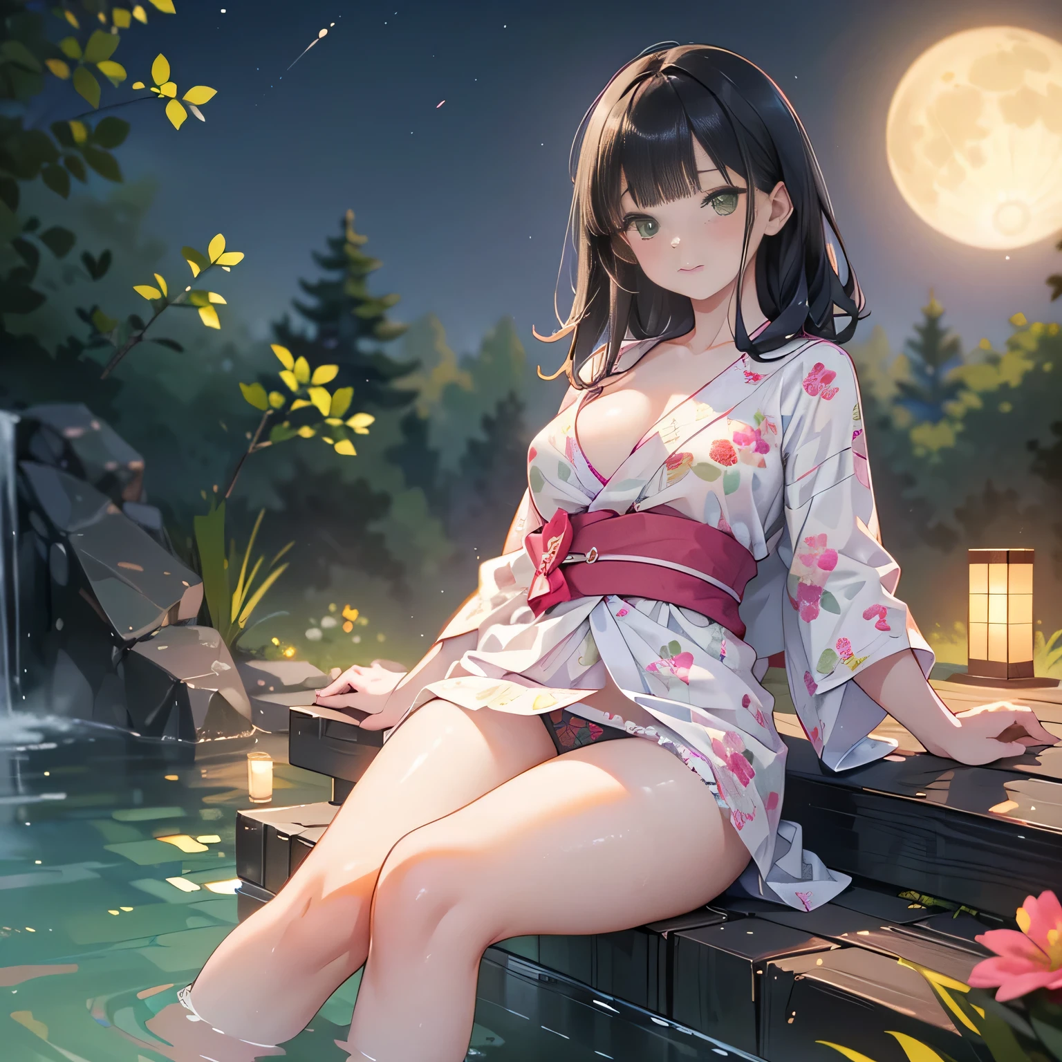 ((panty shot)),((lifting skirt)),((flower printed panties focus)),Vulgar,low angle,from below, cleavage,(( looking at the viewer)),
full body,low angle,from below,♥(japanese flower printed yukata),(bathing in the spa), ((1girl,cute,young,Semi long beautiful black hair,blunt bangs,beautiful green eyes)),(solo),((masterpiece, highest resolution,best quality)), ((realistic:1.5,Beautiful girl RAW photo)), (bathing in the spa), (looking at the viewer), innocent smile,cinematic lighting,beautiful outside open spa, rocks,natural beauty,full moon,night sky