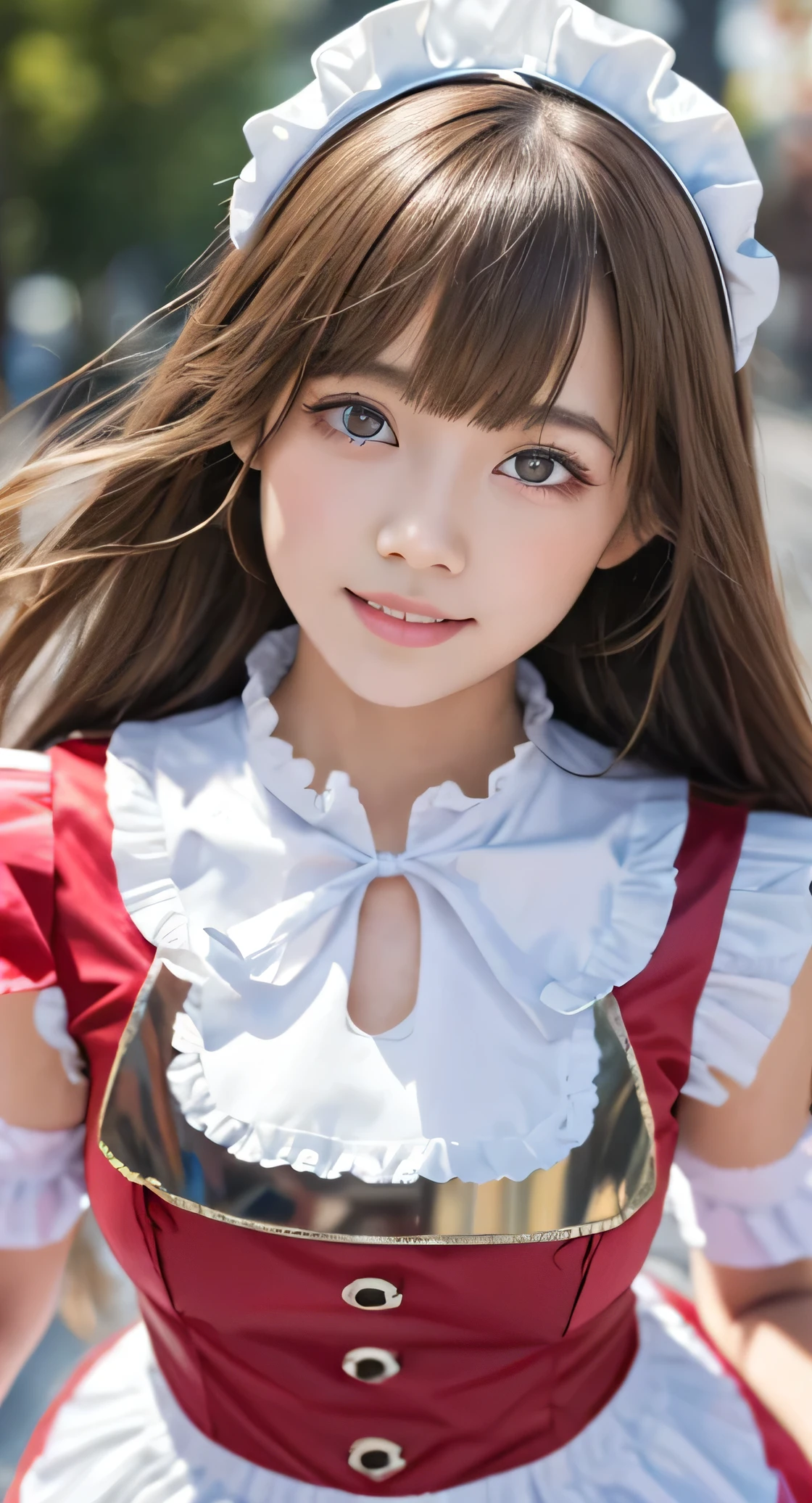 Angelic very beautiful cute young girl,
Beautiful detailed eyes, (7 yo:1.2),
Detailed double eyelids,
(Soft Saturation: 1.3), 
(Fair skin: 1.3),v-line jaw,
(Large eyes:1.4),
Long straight brown hair, 
see-through bangs,
Sharp Focus,
beautiful detailed face and eyes, 
drooping eyes,
small straight nose,
small mouth, 
happy smiling with visible teeth, 85mm lens, F/8.0,BREAK (Super shiny silver and metallic red pink maid costume :1.3),Walking,Brown hair ,(Costumes with strong reflective surfaces:1.3),
(Best Quality:1.2),(Maid costume:1.5),
Raw photo, 
High resolution, 
perfect  detail, 
Professional Photography, 
Professional Lighting,
Powerful lighting of the costume,In the street