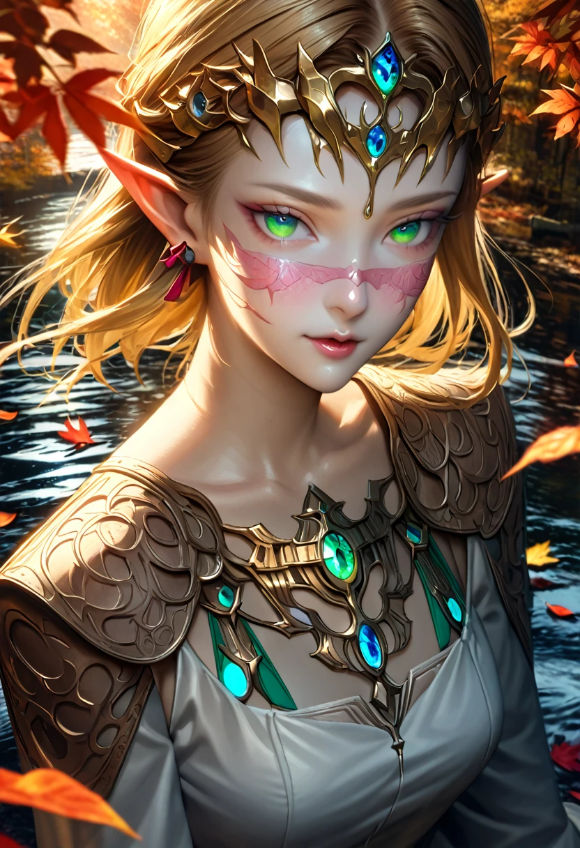 Ultra detailed, highres, absurdres, HDR, blond short hair, expressive green eyes, water, autumn, petals, pink leaves, woman, solo, extremely beautiful, very detailed face and eyes, white long dress with patterns, pointy ears, realistic face, noche, luna, oscuridad