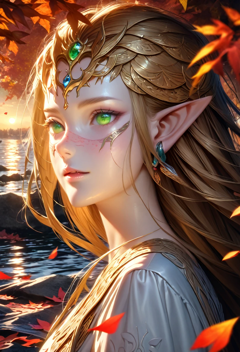 Ultra detailed, highres, absurdres, HDR, blond short hair, expressive green eyes, water, autumn, petals, pink leaves, woman, solo, extremely beautiful, very detailed face and eyes, white long dress with patterns, pointy ears, realistic face, noche, luna, oscuridad