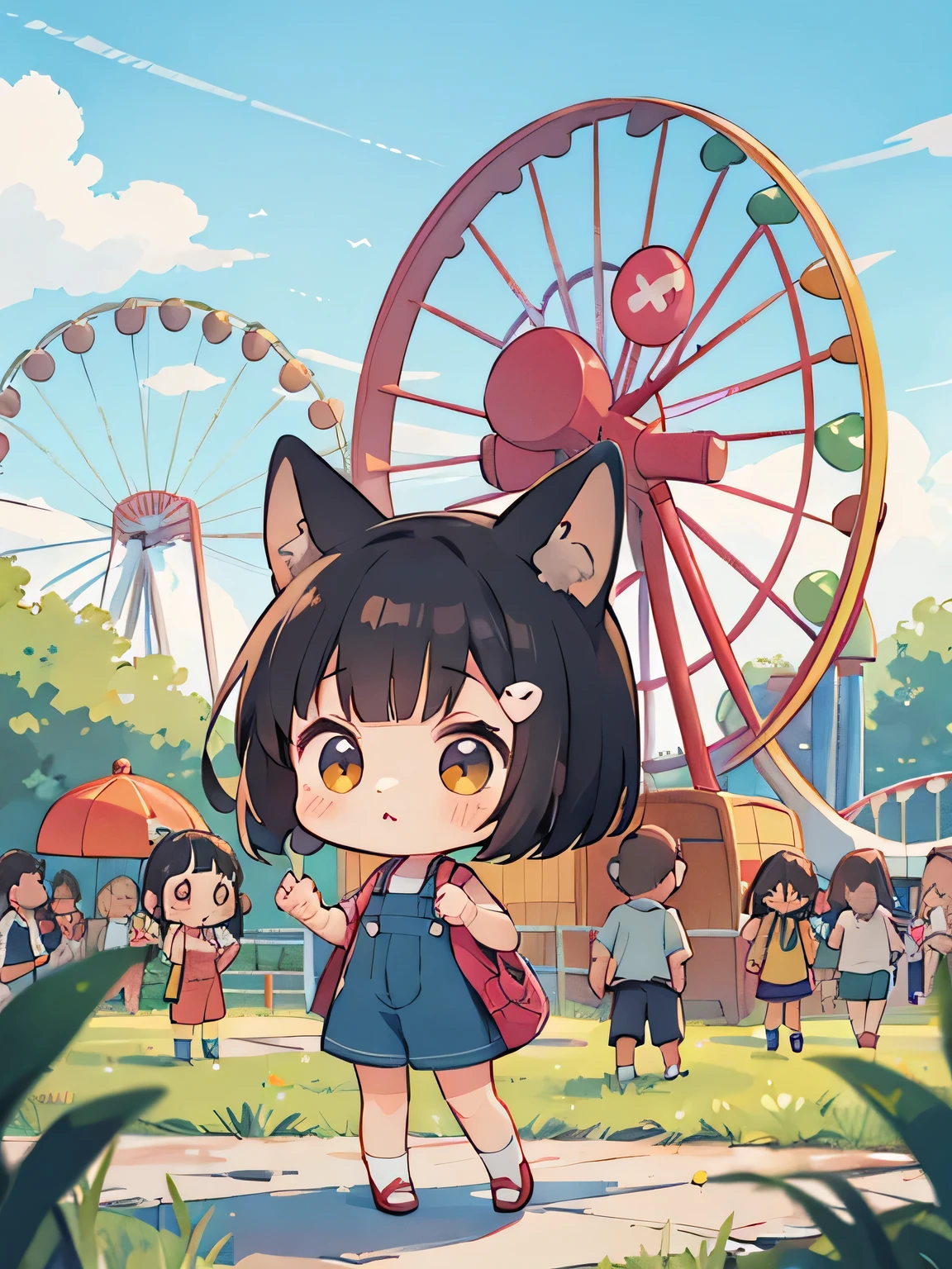 My Neighbor Totoro Style, Kawaii Design, most beautiful girl ever、Chibi, Colorful bob hair、((Lots of friends))、amusement park