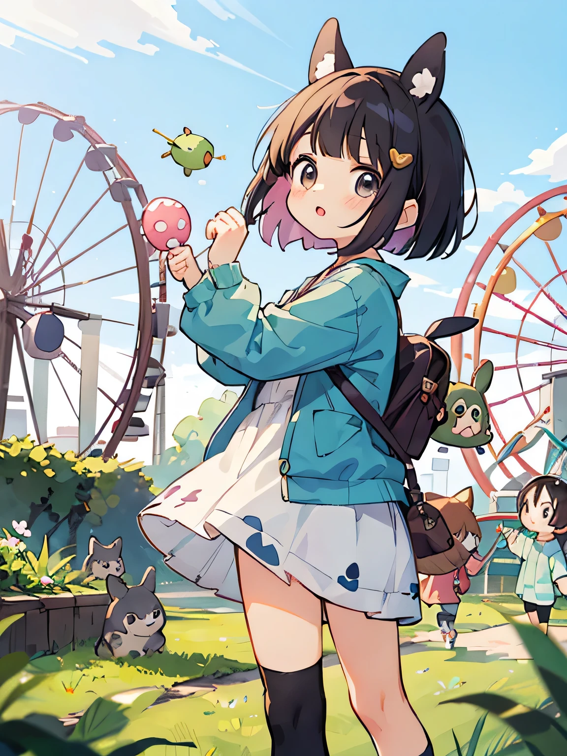 My Neighbor Totoro Style, Kawaii Design, most beautiful girl ever、Chibi, Colorful bob hair、((Lots of friends))、amusement park