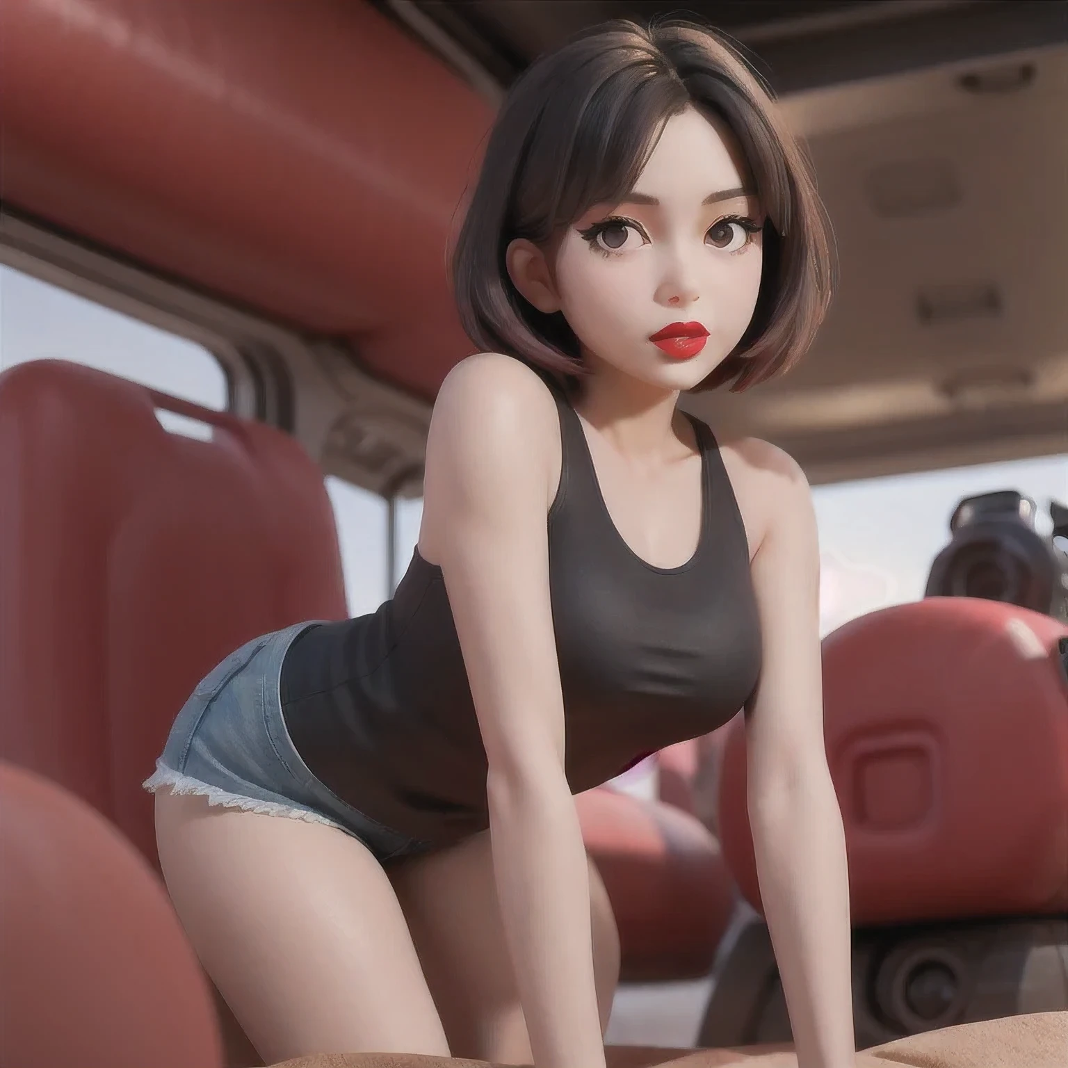 （（（1 Girl）））1 Girl
3d
bare shoulders
black eyes
black hair
blurry
blurry background
breasts
brown eyes
depth of field
leaning forward
lips
lipstick
looking at viewer
makeup
nose
outdoors
realistic
red lips
short hair
shorts
solo
tank top，(Desert Abyss)
