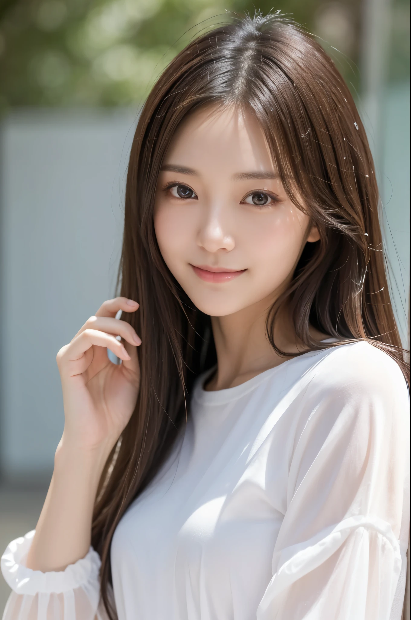 Japanese women, In their 30s, White background, simple背景,Long Hair、White-brown hair, Slender, 4K, 8K, High quality, Beauty products, EyesBeautiful Eyes, simple, It is high resolution.,1 person,Beautiful Skin,Beautiful Skin、Natural smile、Wearing a white shirt