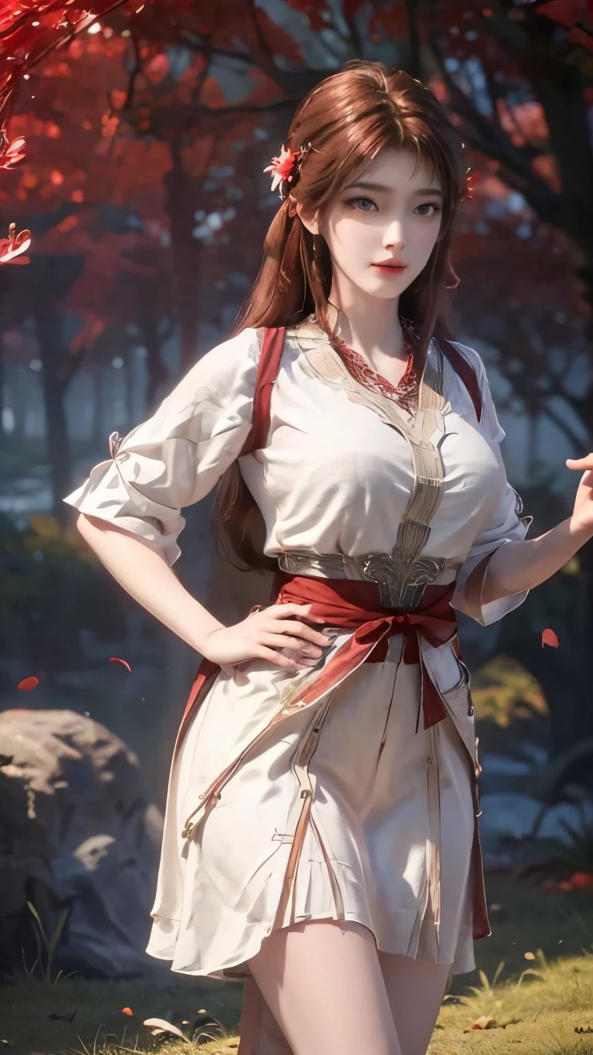 (best quality,Extremely detailed,Reality:1.37),Bright colors,White low-cut shirt,Short red checked skirt,Red high heels,Curvy figure,Studio Lighting,Beautiful and delicate eyes,Beautiful and delicate lips,Extremely detailed eyes and face,Long eyelashes,portrait,Light brown hair,Red head flower,Confident expression,Feminine,Standing in the garden,Soft sunlight,Red mulberry forest,Flowers bloom,Peaceful atmosphere,Artistic touch,Textured strokes,Subtle color changes,Bright white highlights,Delicate movements,graceful posture,Charming smile