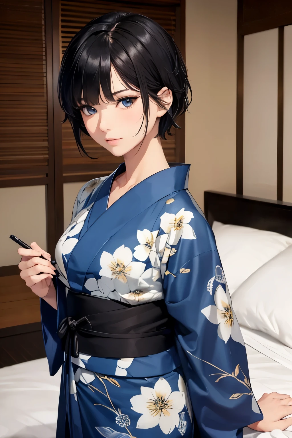 UHD, masterpiece, textured skin, super detail, high details, high quality, award winning, (perfect eyes), best quality, HD, upper body shot, perfect eyes, (1Gir, Beautiful, short black hair, classy, wearing a yukata), (In bed at one bedroom)