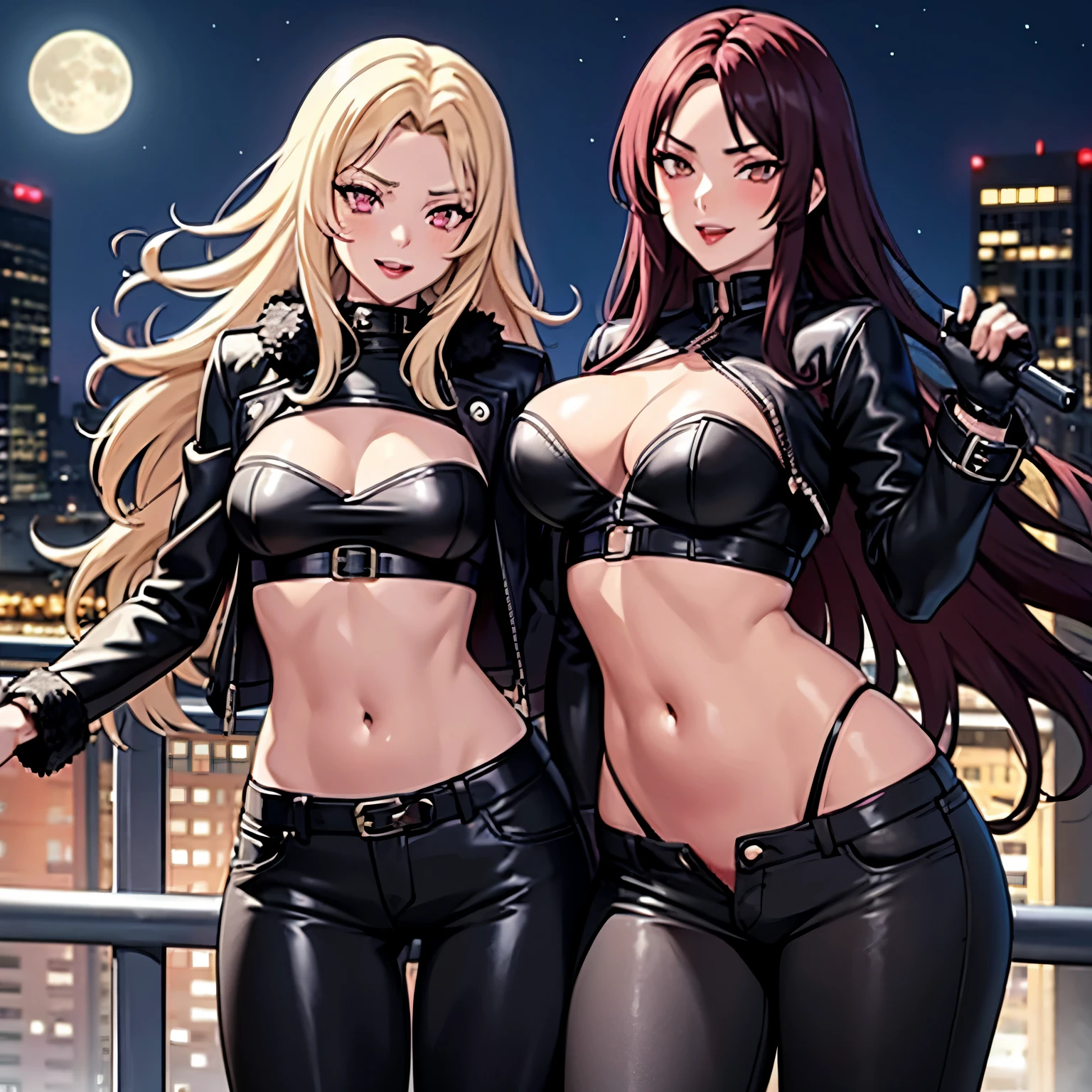 2 girl, two girl, Sexy woman, long hair, sexy eyes, red lips, sexually aroused expression, lustful expression, medium breast, blush, lipstick, outdoors, rooftop, cityscape, building, railing, night, night sky, scenery, moon, city lights, blush, lipstick, mouth open and tongue out, open, fur trim, mature female, gloves, fur-trimmed coat, masterpiece, best quality, highly detailed, a girls with a gun, evil smile , open mouth, sexy gaze, badass pose , evil smile, smile, (nsfw) not safe for work, guns blazing, anime girl with long hair, beautiful long haired girl, navel, evil expression, exposed belly, exposed navel, exposed midriff, exposed lower belly, long black pants, crop top, cleavage, unbuttoned leather pants ,open fly, low rise black leather pants, leather jacket, holding a gun