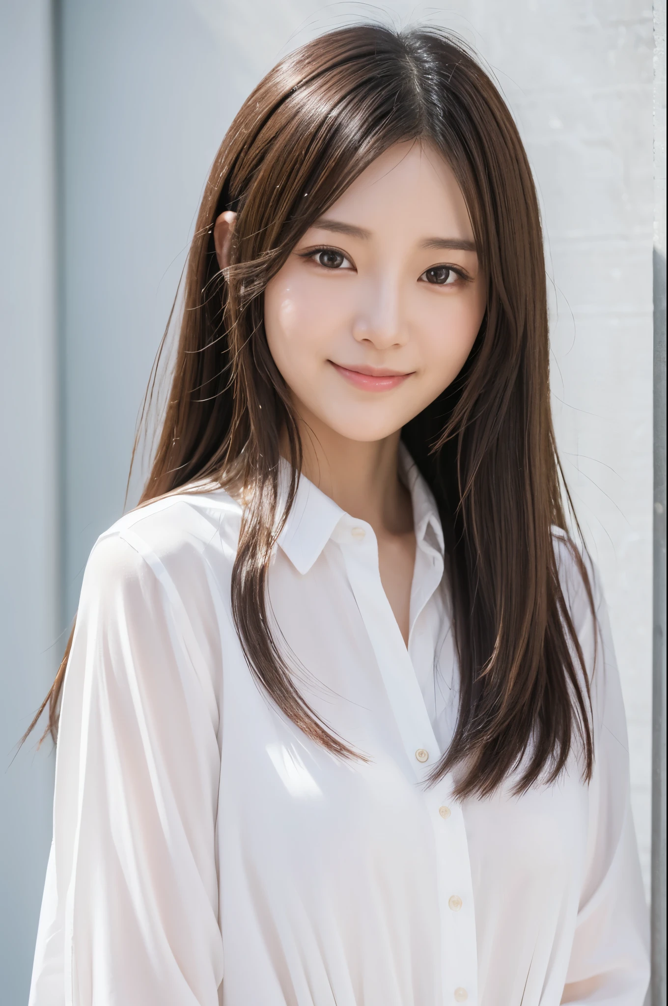 Japanese women, In their 30s, White background, simple背景,Long Hair、White-brown hair, Slender, 4K, 8K, High quality, Beauty products, EyesBeautiful Eyes, simple, It is high resolution.,1 person,Beautiful Skin,Beautiful Skin、Natural smile、、Wearing a white shirt