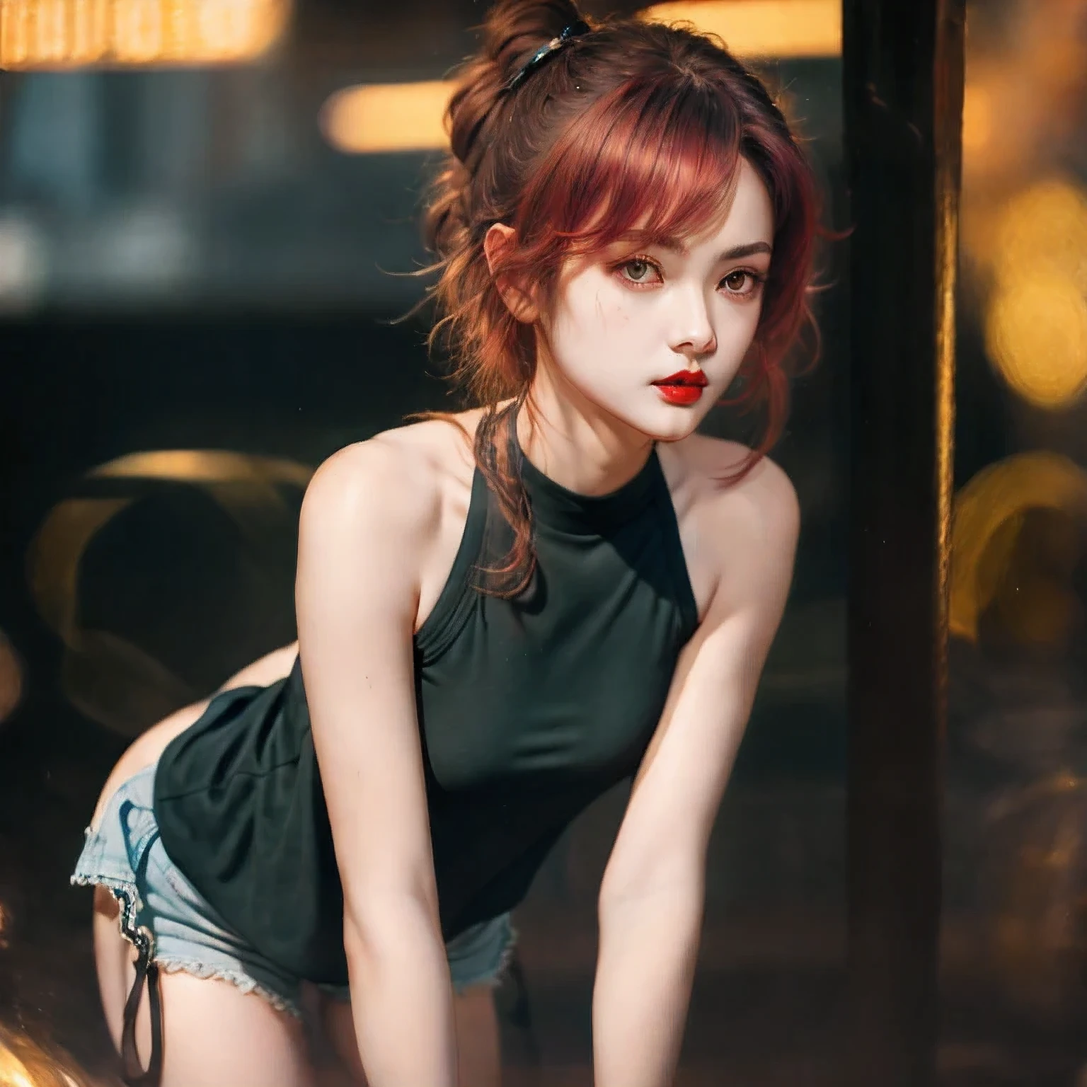 （（（1 Girl）））1 Girl
3d
bare shoulders
black eyes
black hair
blurry
blurry background
breasts
brown eyes
depth of field
leaning forward
lips
lipstick
looking at viewer
makeup
nose
outdoors
realistic
red lips
short hair
shorts
solo
tank top，(Desert Abyss)
